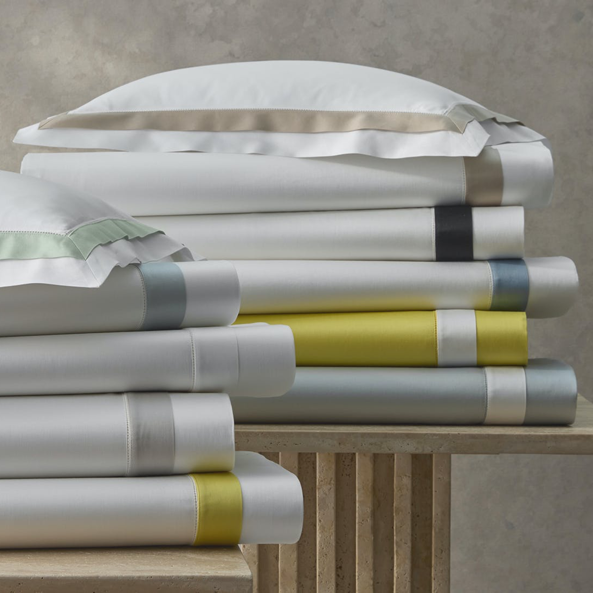 Matouk Ambrose Bedding Multi Color Flat Sheets and Shams Stacked