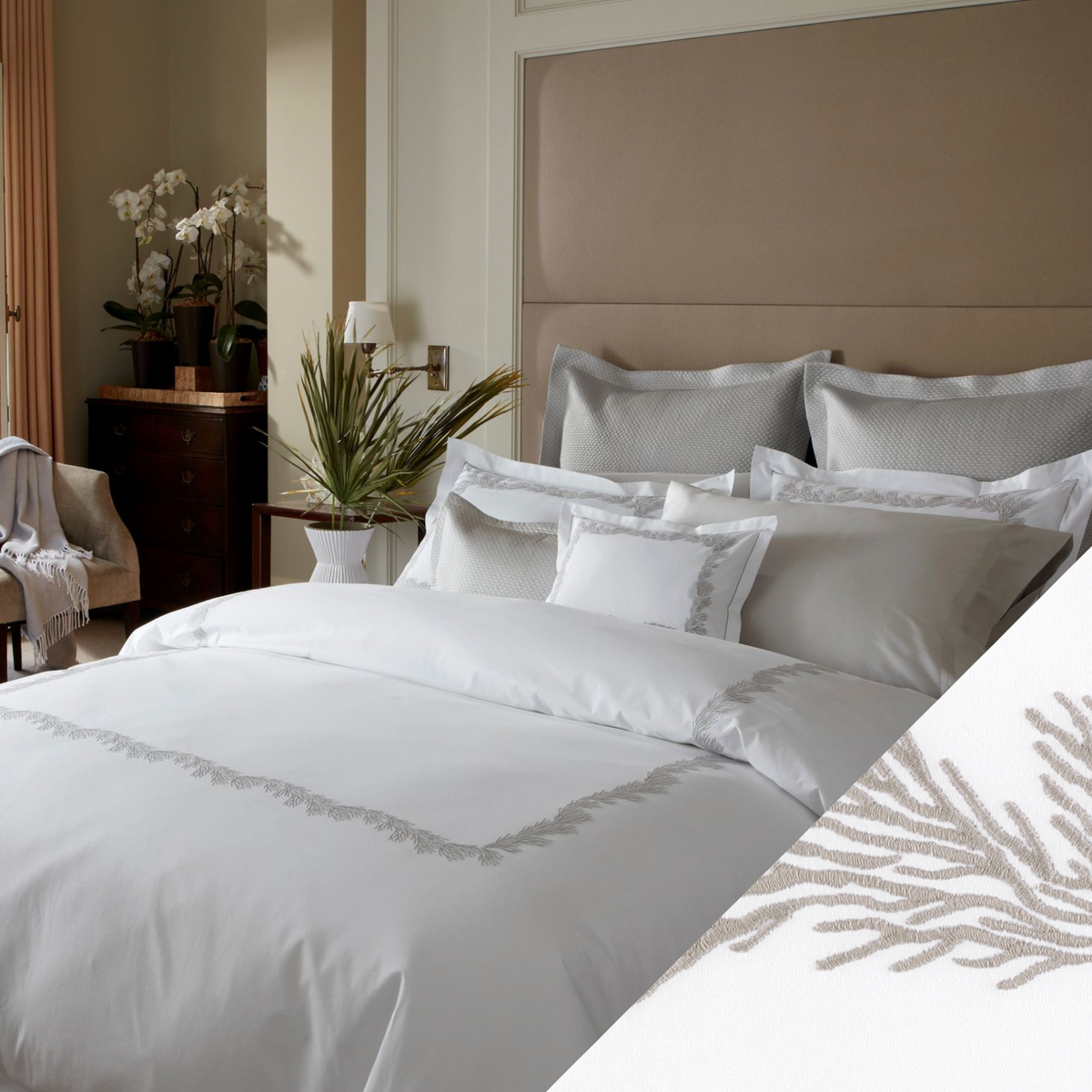 Full Lifestyle Image of Matouk Atoll Bedding Collection Alabaster