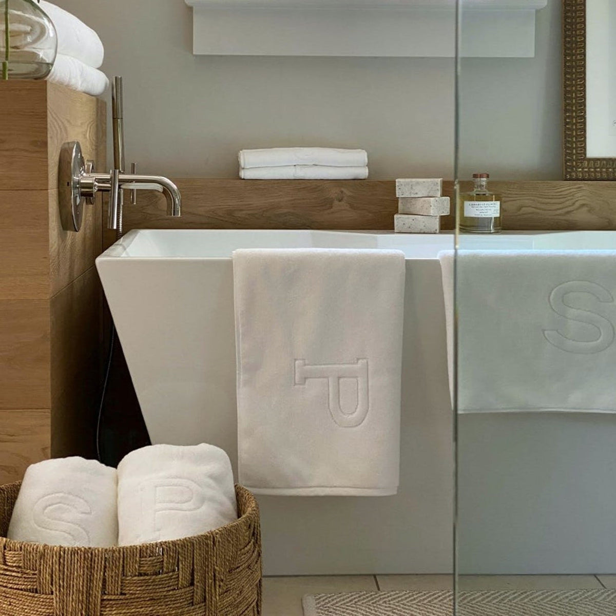 Bathroom Stocked with Matouk Auberge Towels and Bath Tub Mat