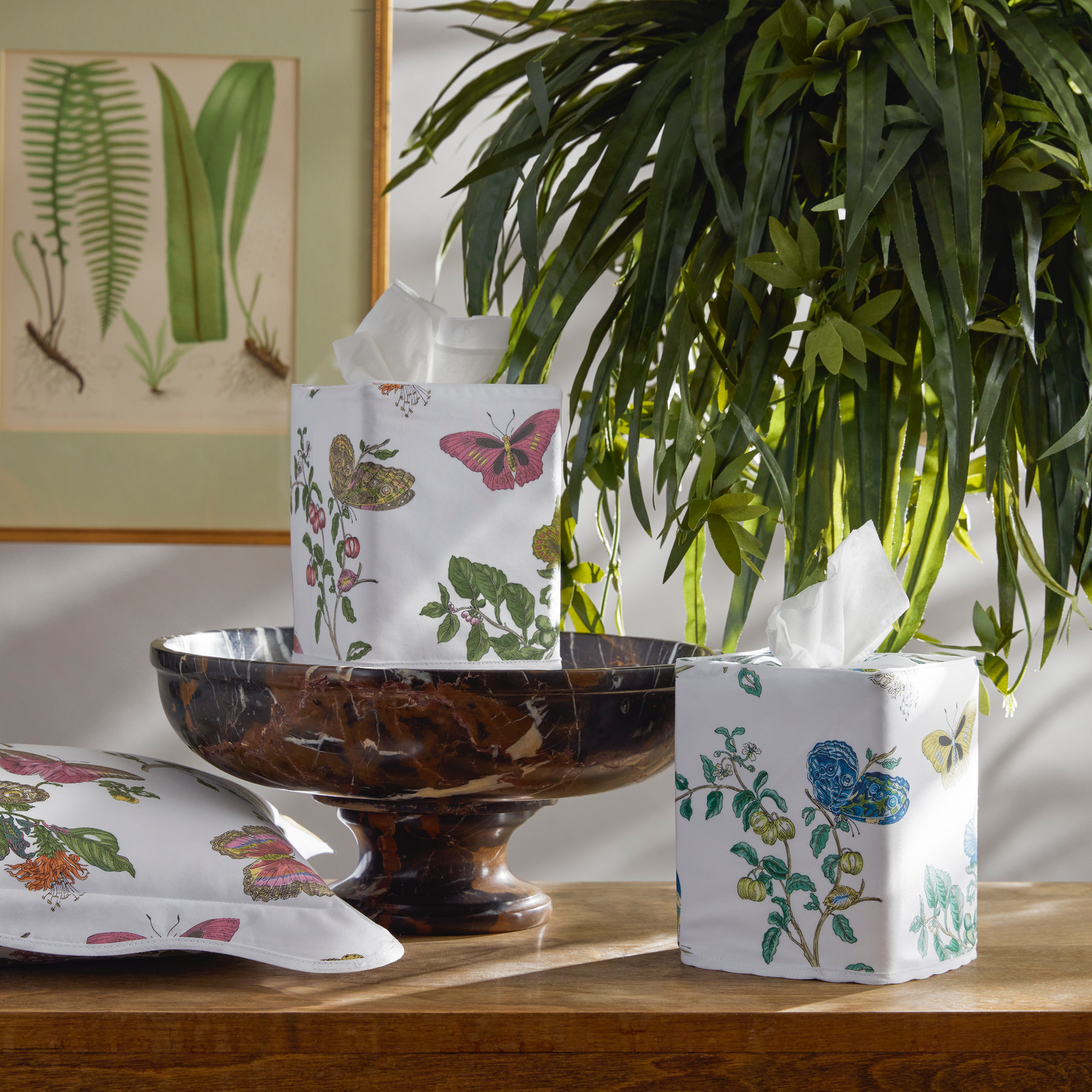 Matouk Baudin Butterfly Tissue Box Covers on counter top 
