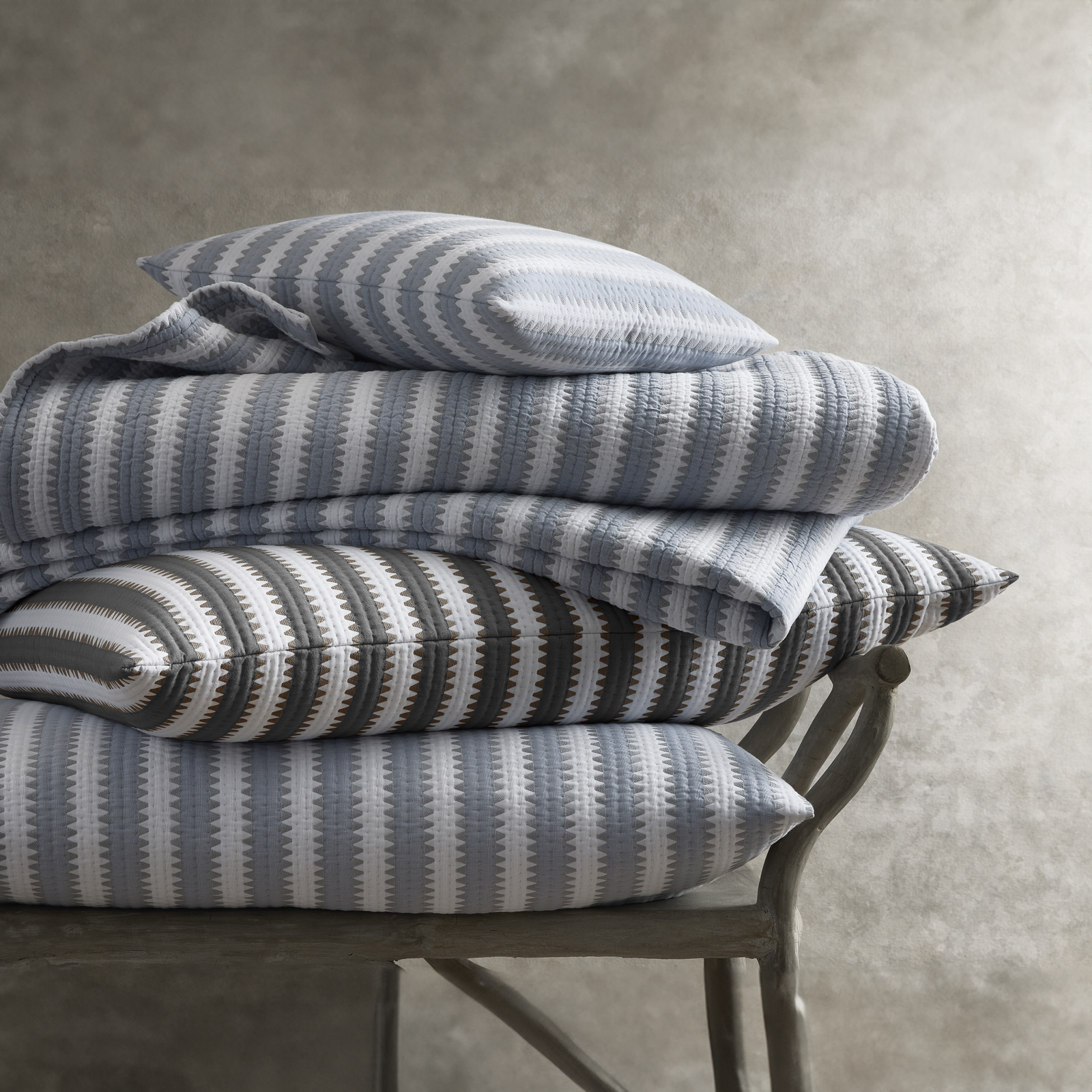 Matouk Apollo Stripe Matelassé Stack in Dove and Comet Colors