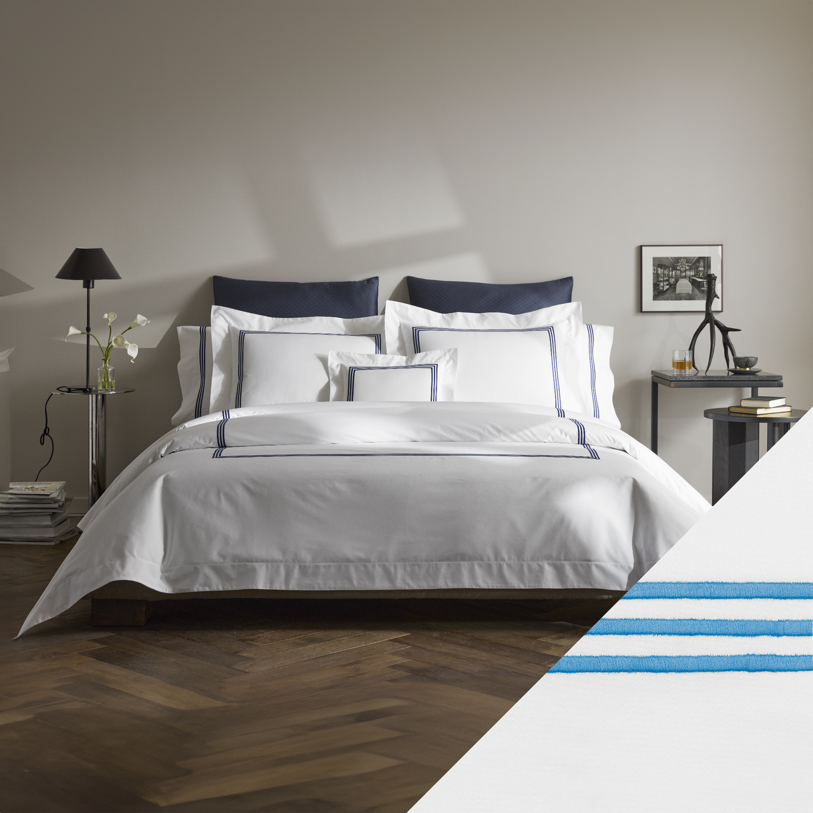 Matouk Bel Tempo Bedding with Ocean Swatch