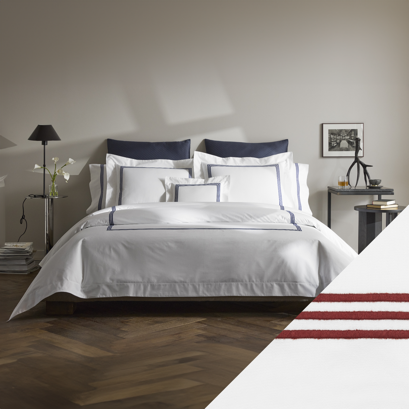 Matouk Bel Tempo Bedding with Red Swatch