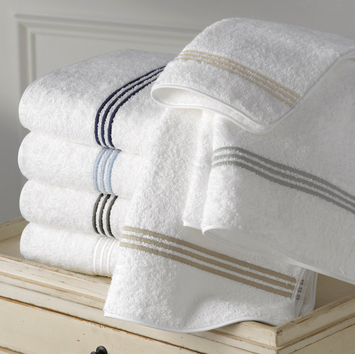 Matouk Bel Tempo Bath Towels Mat Folded and Stacked