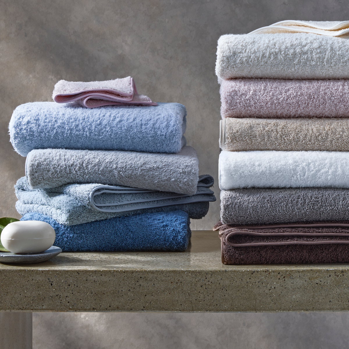 Stack of All Solid Colors of Matouk Cairo Bath Towels