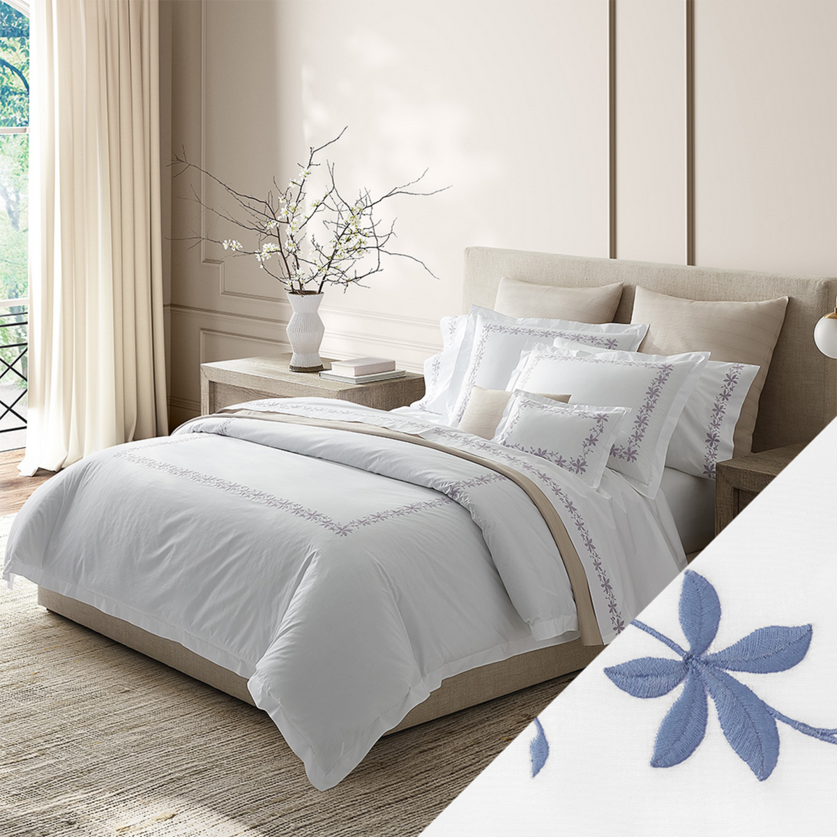 Horizontal View of Matouk Callista Bedding Collection with Swatch in Bluebell Color