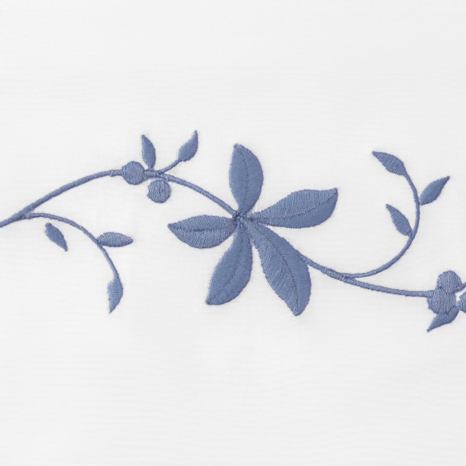 Horizontal View of Matouk Callista Bedding Collection with Swatch in Bluebell Color