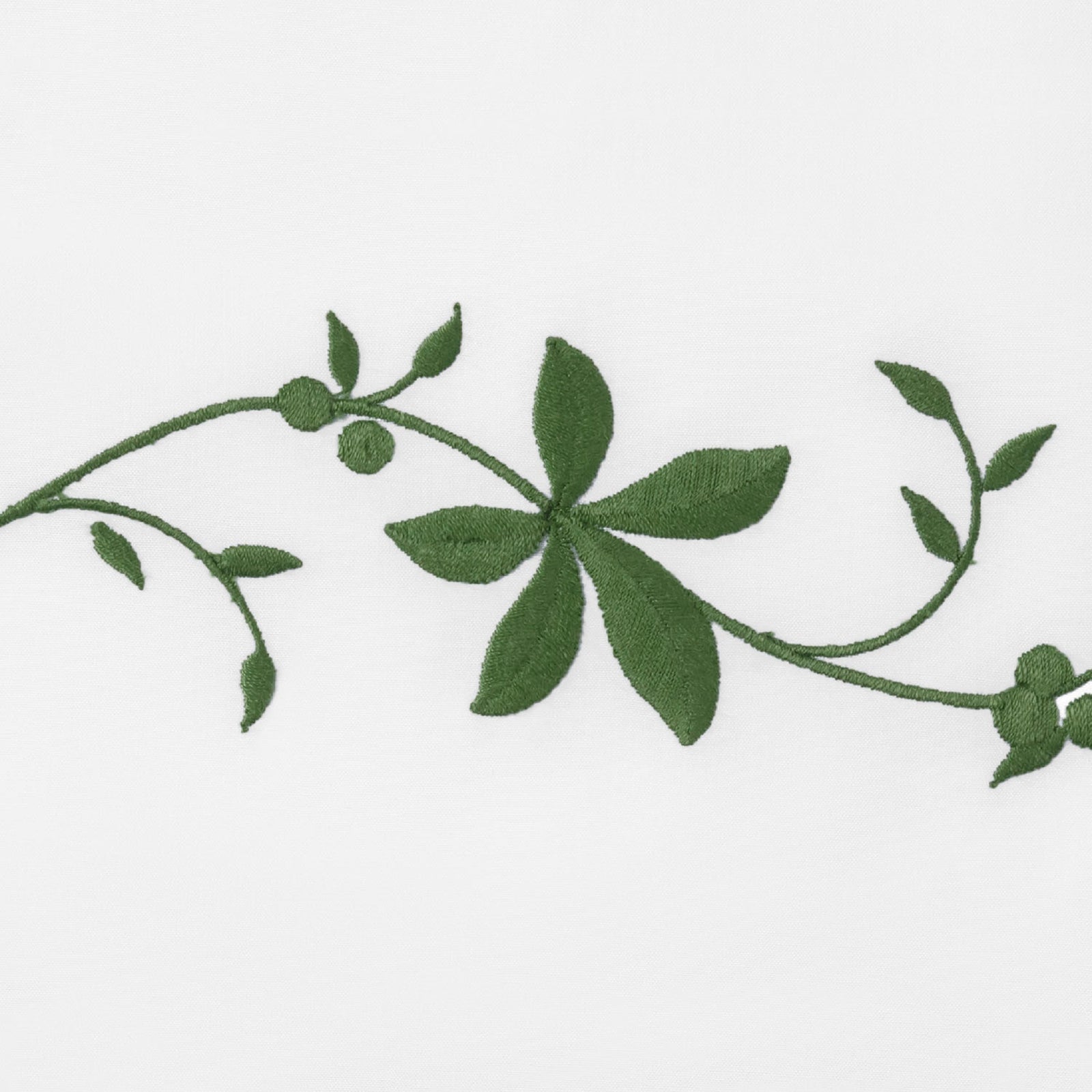 Horizontal View of Matouk Callista Bedding Collection with Swatch in Clover Color