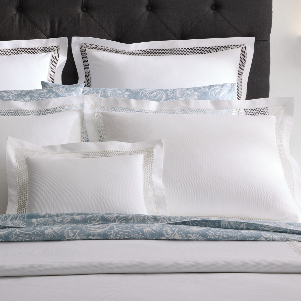 Front Look of Matouk Cecily Lace Pique Bedding with Granada Hazy Blue