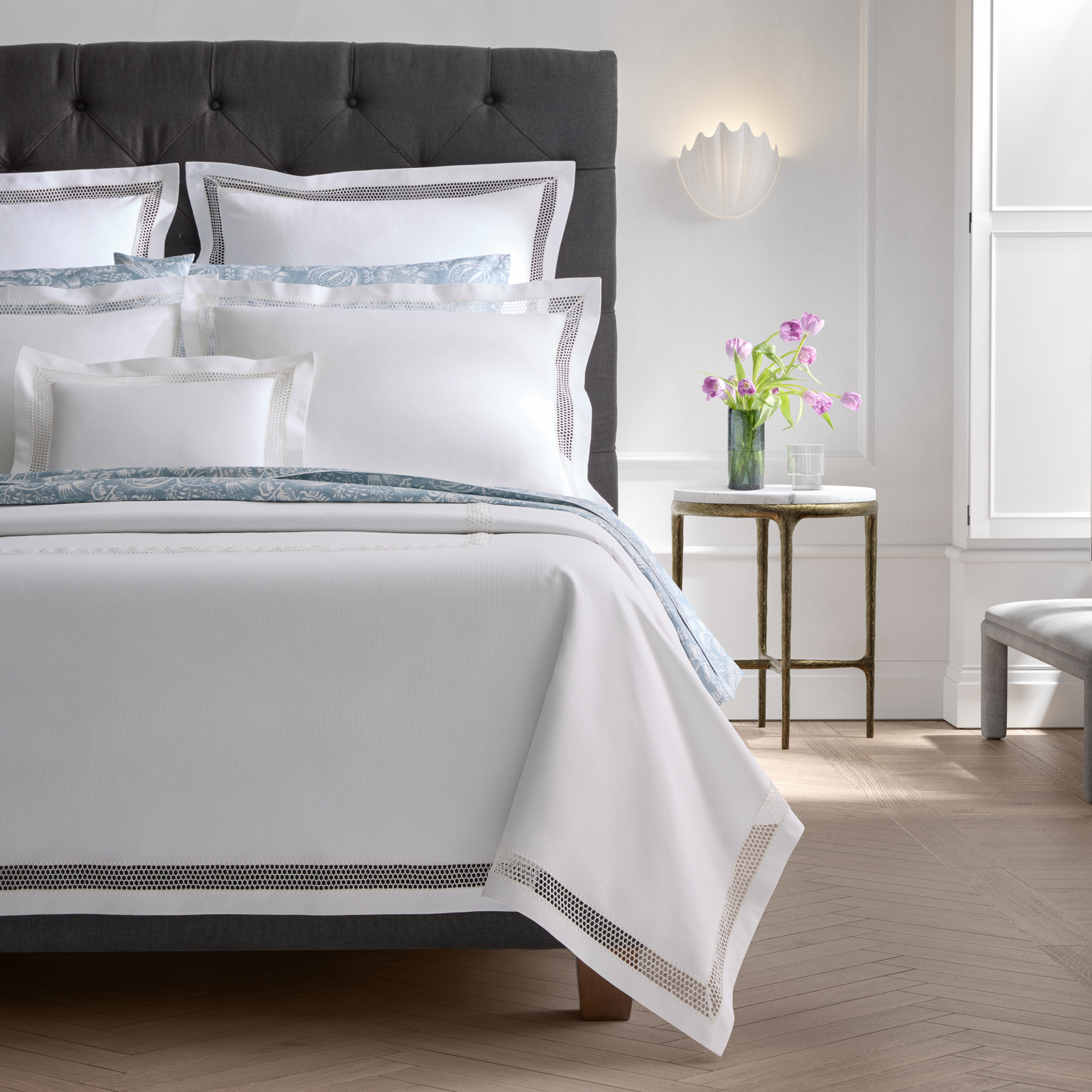 Bed in White Matouk Cecily Lace Bedding with Granada Hazy Blue