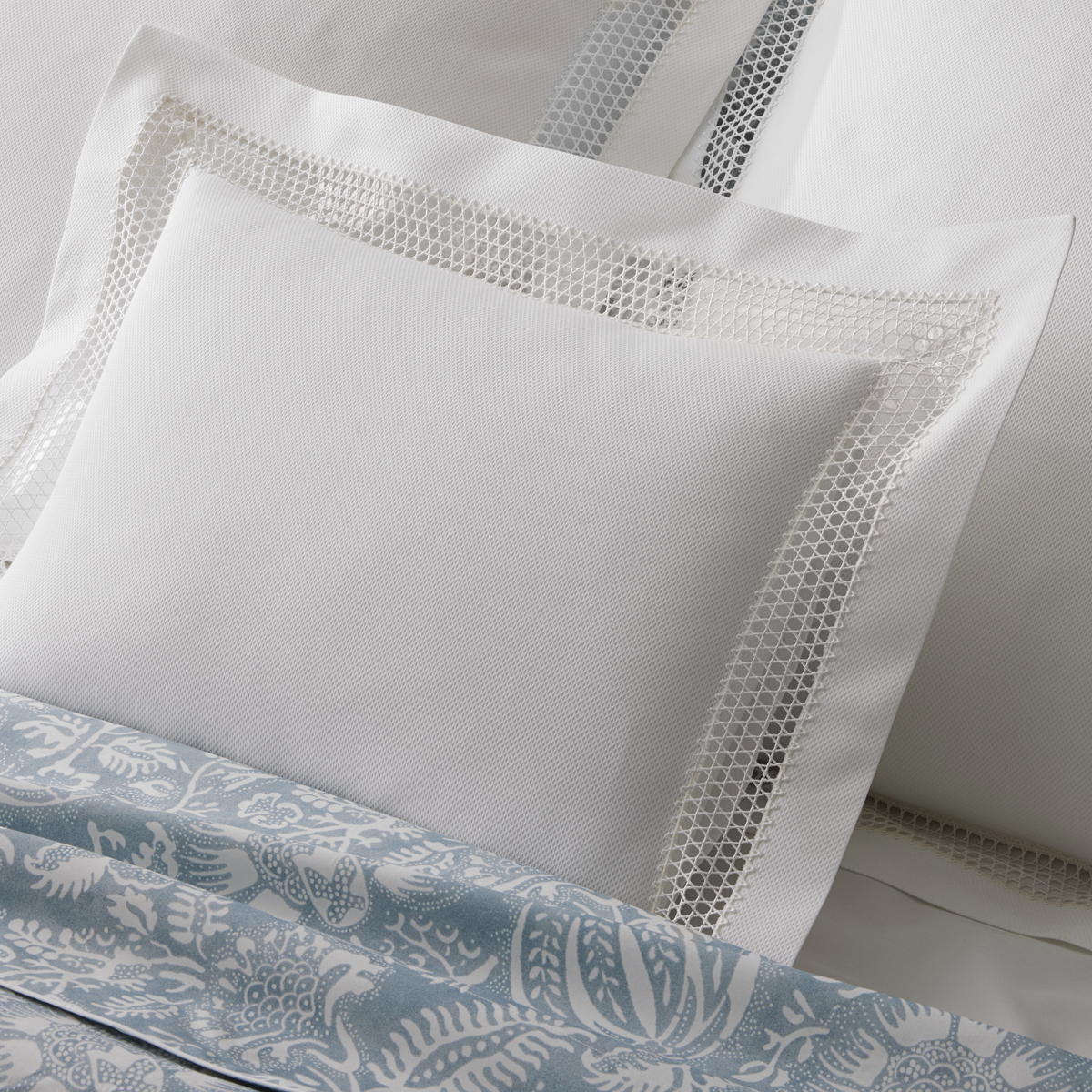 Front Closeup of Matouk Cecily Lace Pique Bedding with Granada Hazy Blue