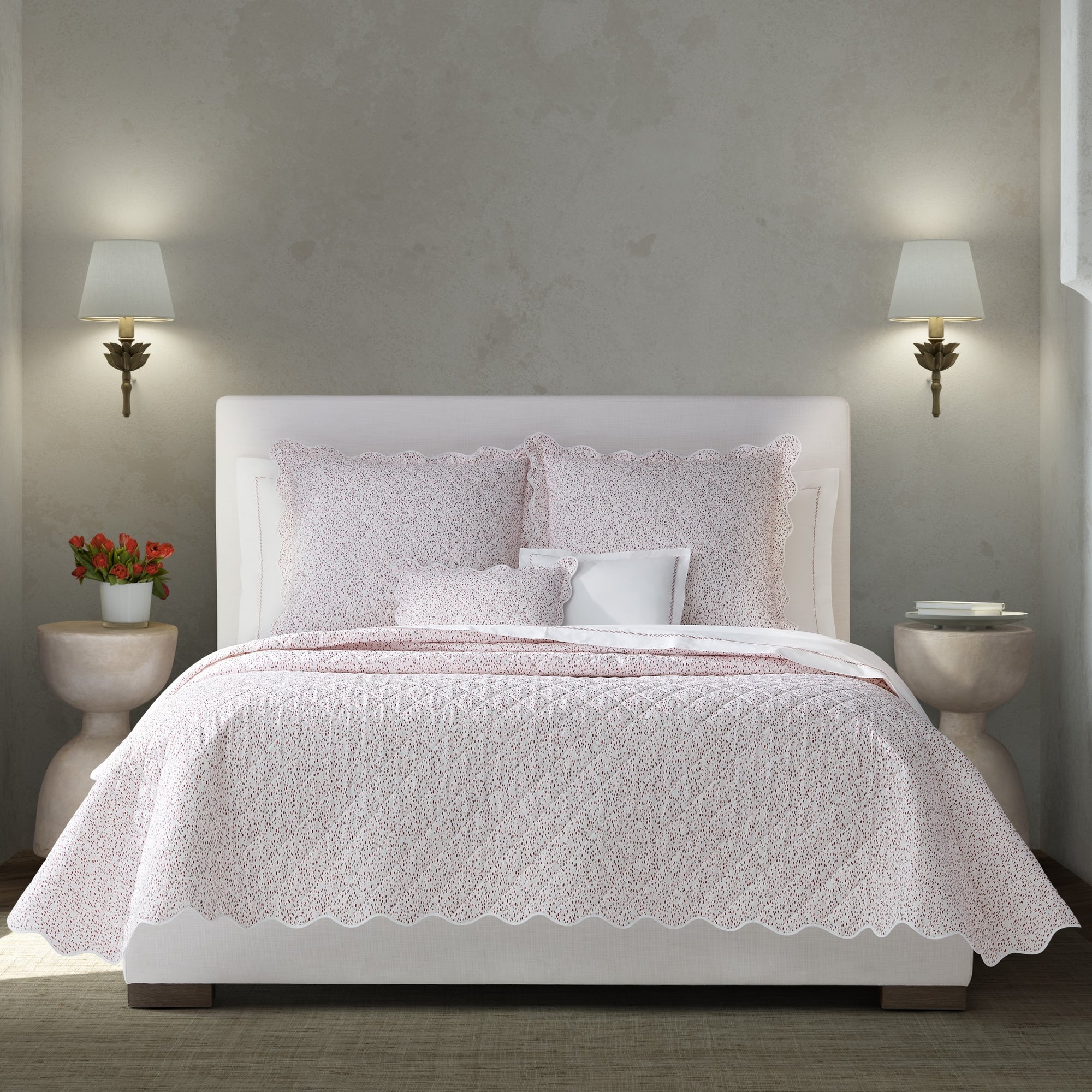 Full Bed Dressed in Matouk Celine Bedding in Redberry Color