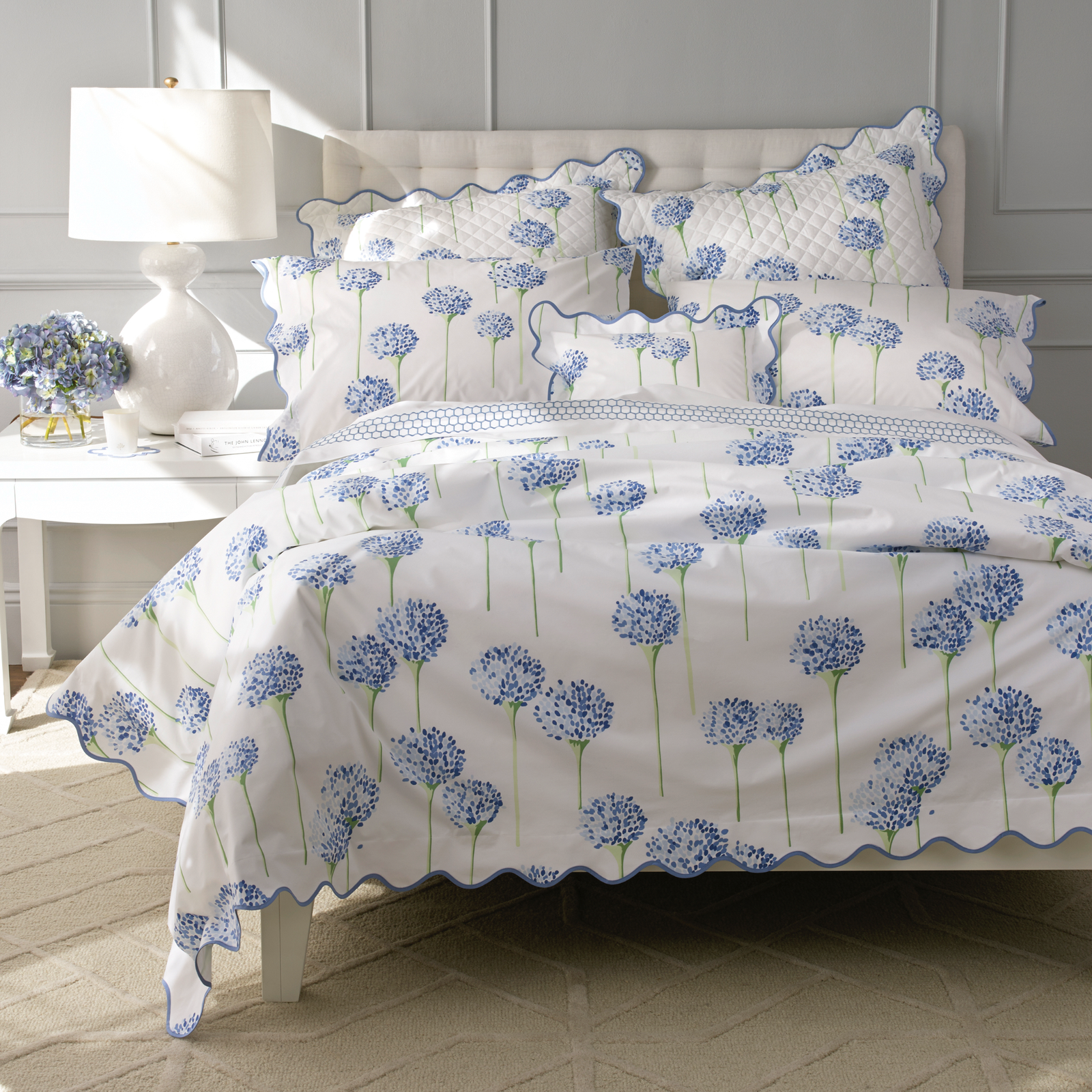 Bed Dressed in Matouk Charlotte Collection Azure