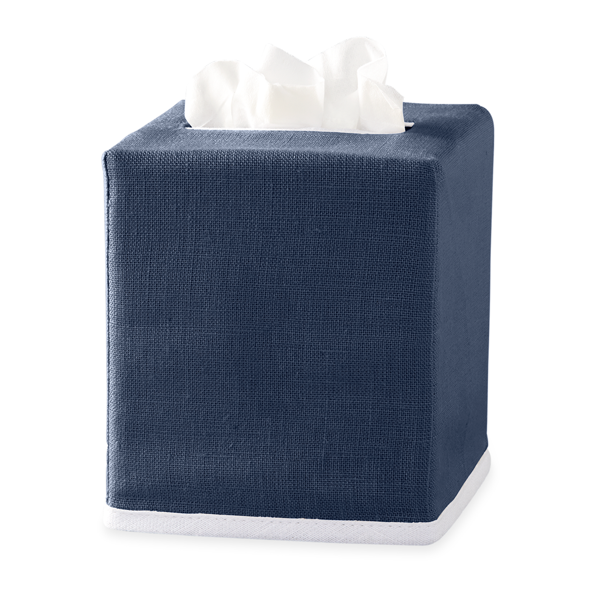 Navy  Matouk Chelsea Linen Tissue Box Cover Against White Background