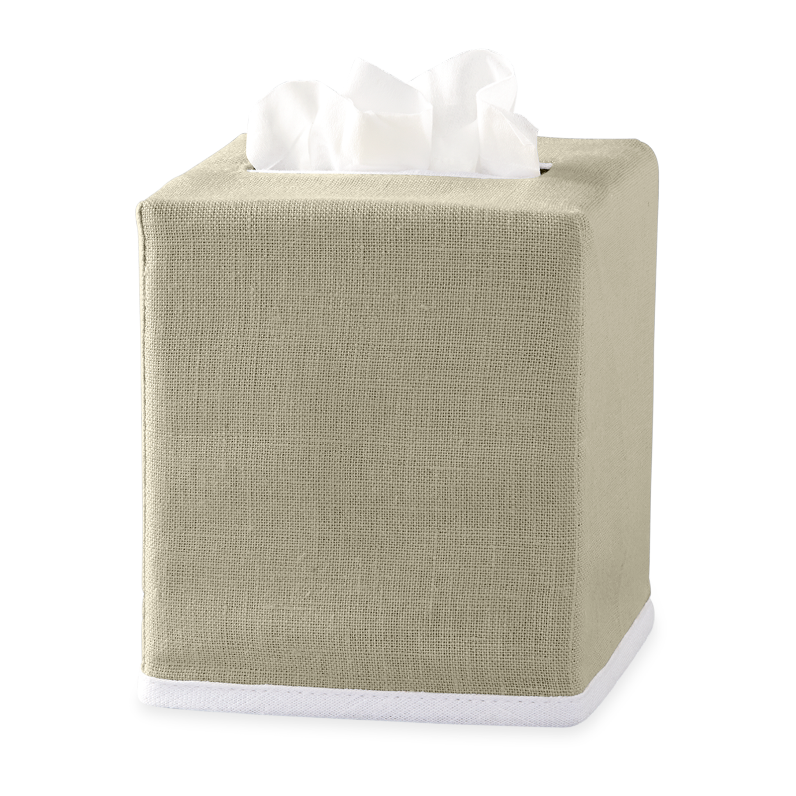 Oatmeal Matouk Chelsea Linen Tissue Box Cover Against White Background