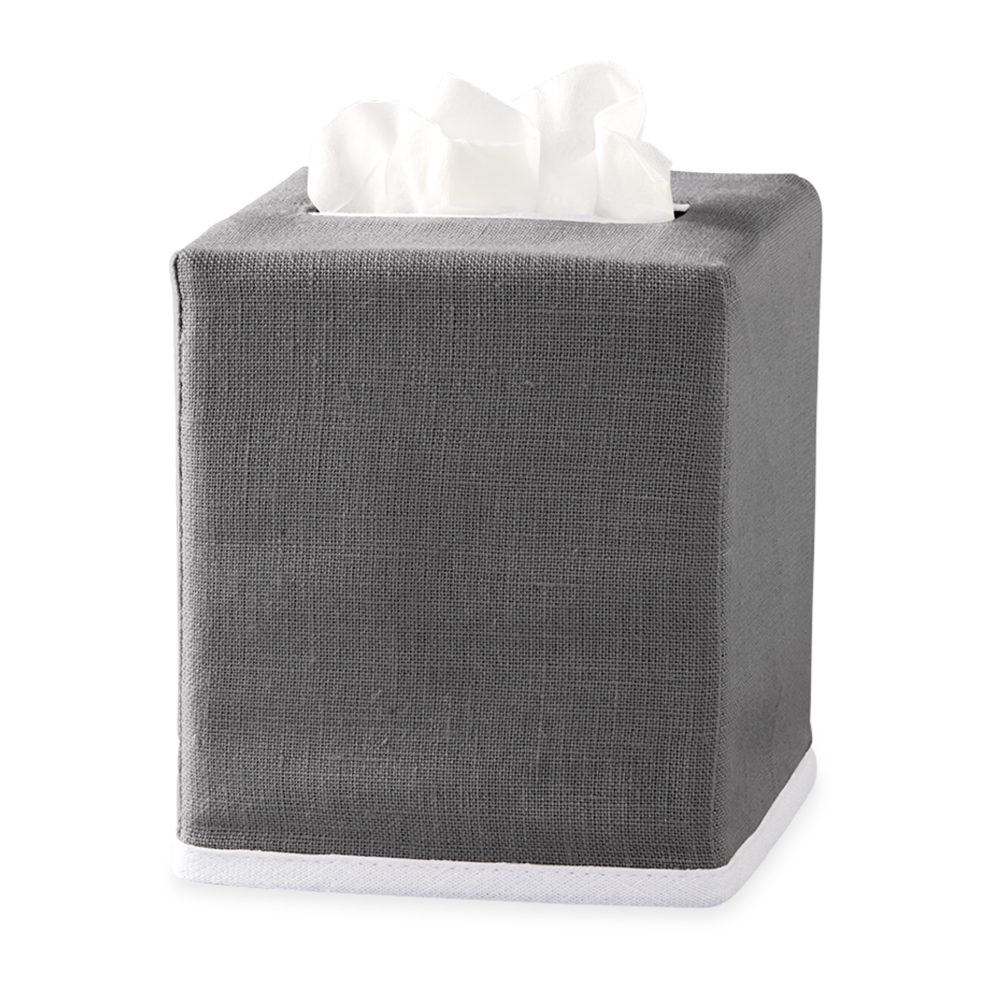 Smoke Grey Matouk Chelsea Linen Tissue Box Cover Against White Background
