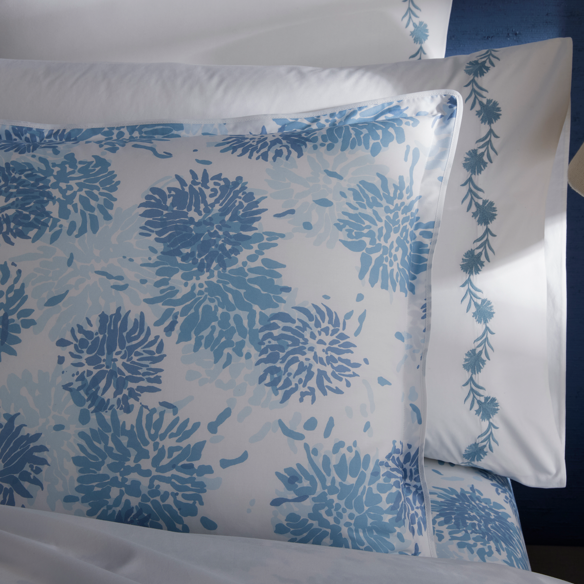 Blue Matouk Chrysanthemum bedding with Daphne Hazy Blue coordinate