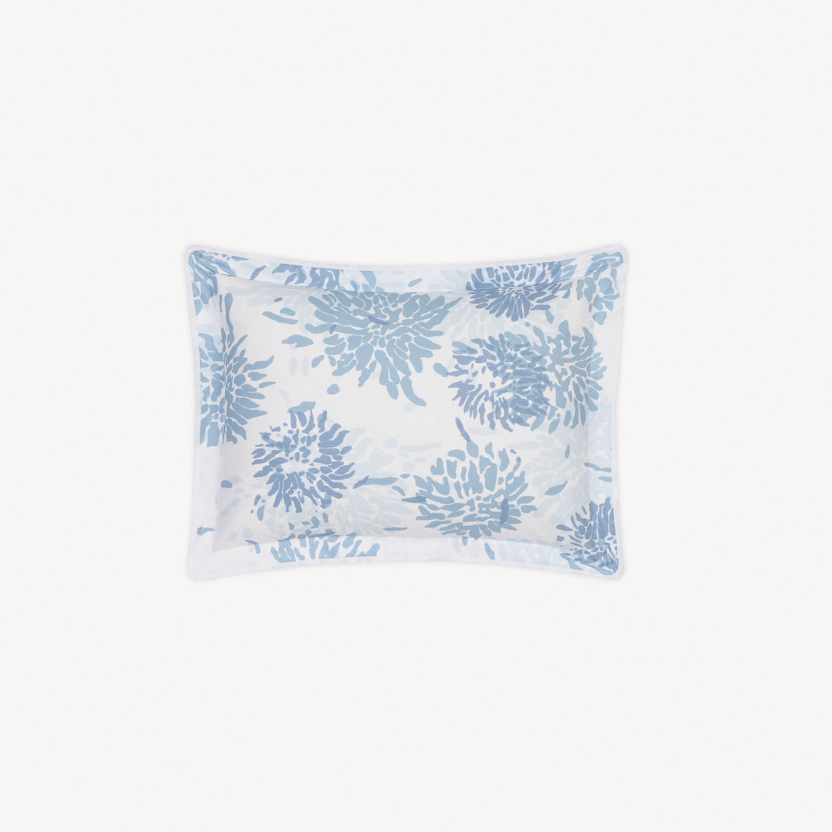 Boudoir Sham of Blue Matouk Tillett Chrysanthemum bedding on white Egyptian cotton percale