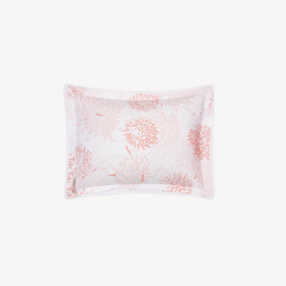Boudoir Sham of Blush Matouk Tillett Chrysanthemum bedding on white Egyptian cotton percale