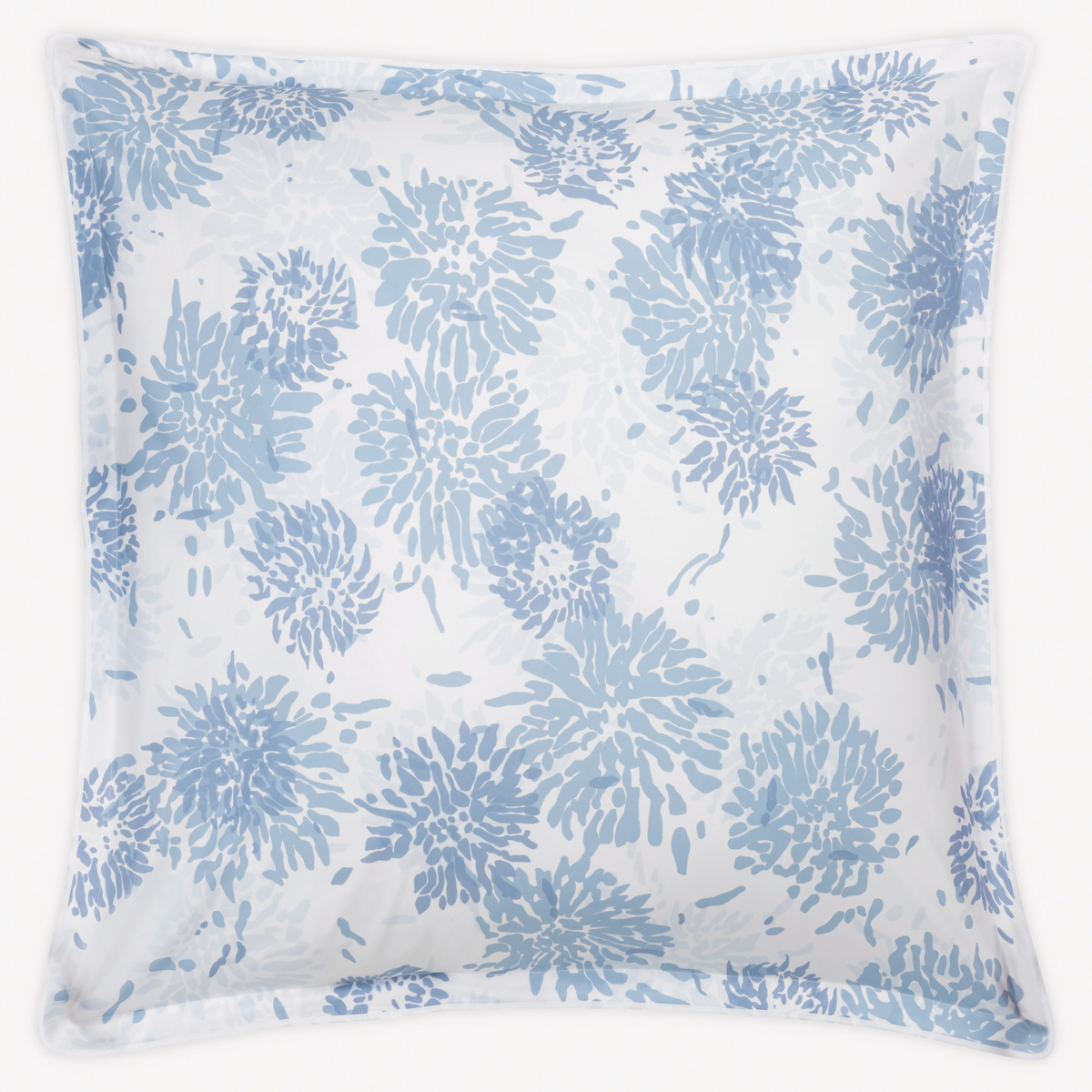 Euro Sham of Blue Matouk Tillett Chrysanthemum bedding on white Egyptian cotton percale