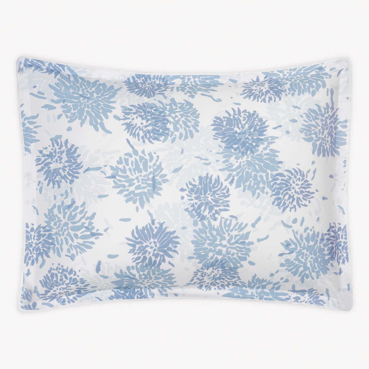 Sham Silo of Blue Matouk Tillett Chrysanthemum bedding on white Egyptian cotton percale
