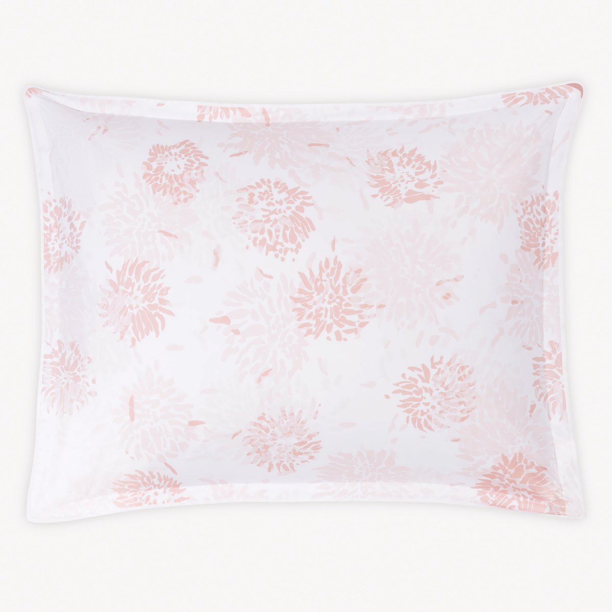 Sham Silo of Blush Matouk Tillett Chrysanthemum bedding on white Egyptian cotton percale