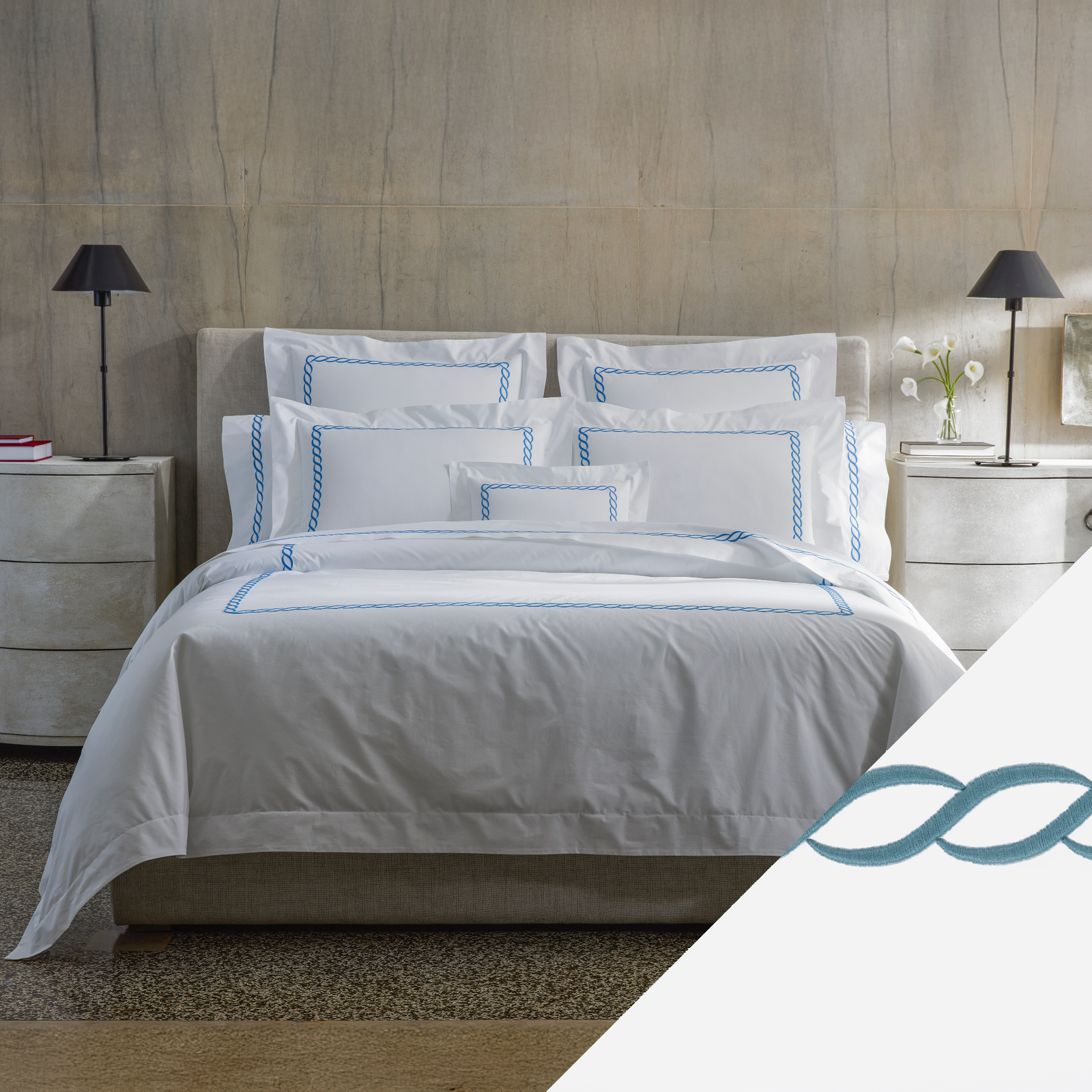 Matouk Classic Chain Bedding in Cobalt with Aqua Swatch 