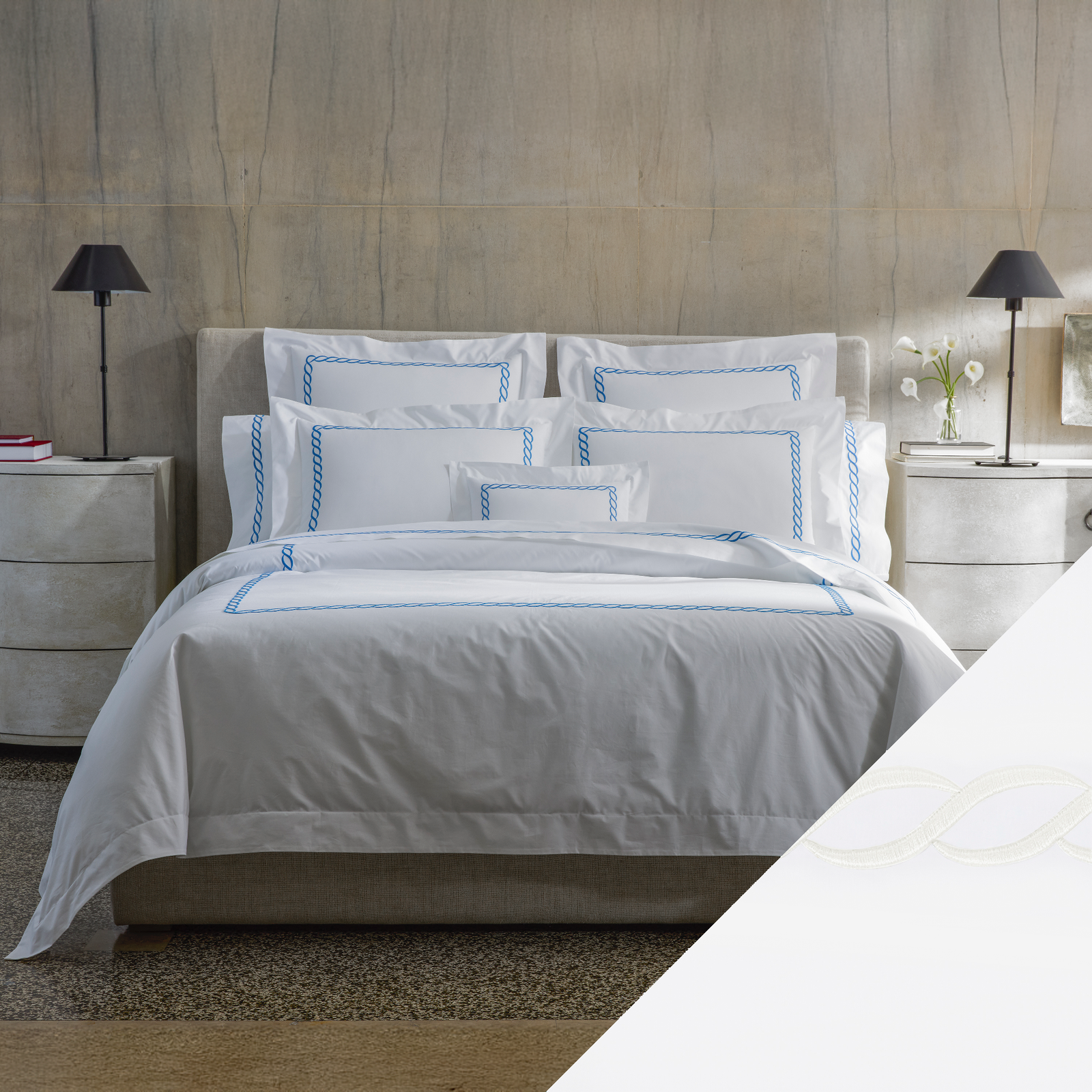 Matouk Classic Chain Bedding in Cobalt with White Swatch 