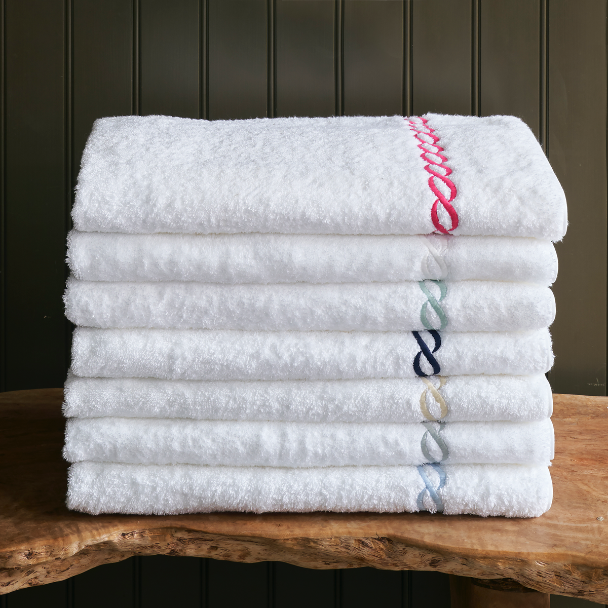 Stack of All Colors of Matouk Classic Chain Bath Towels