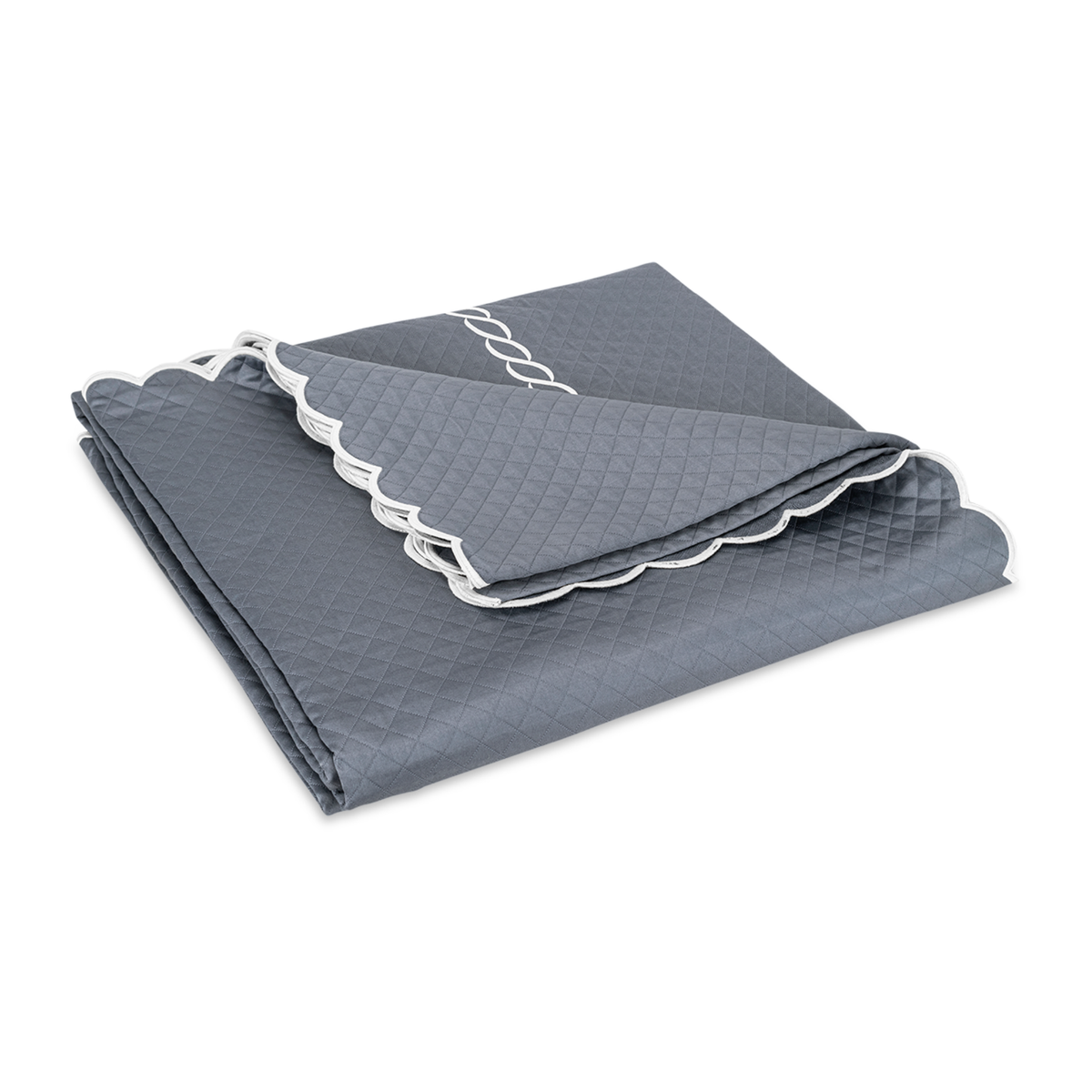 Silo of Matouk Classic Chain Scallop Matelassé Bedding Folded Coverlet in Steel Blue/Bone 