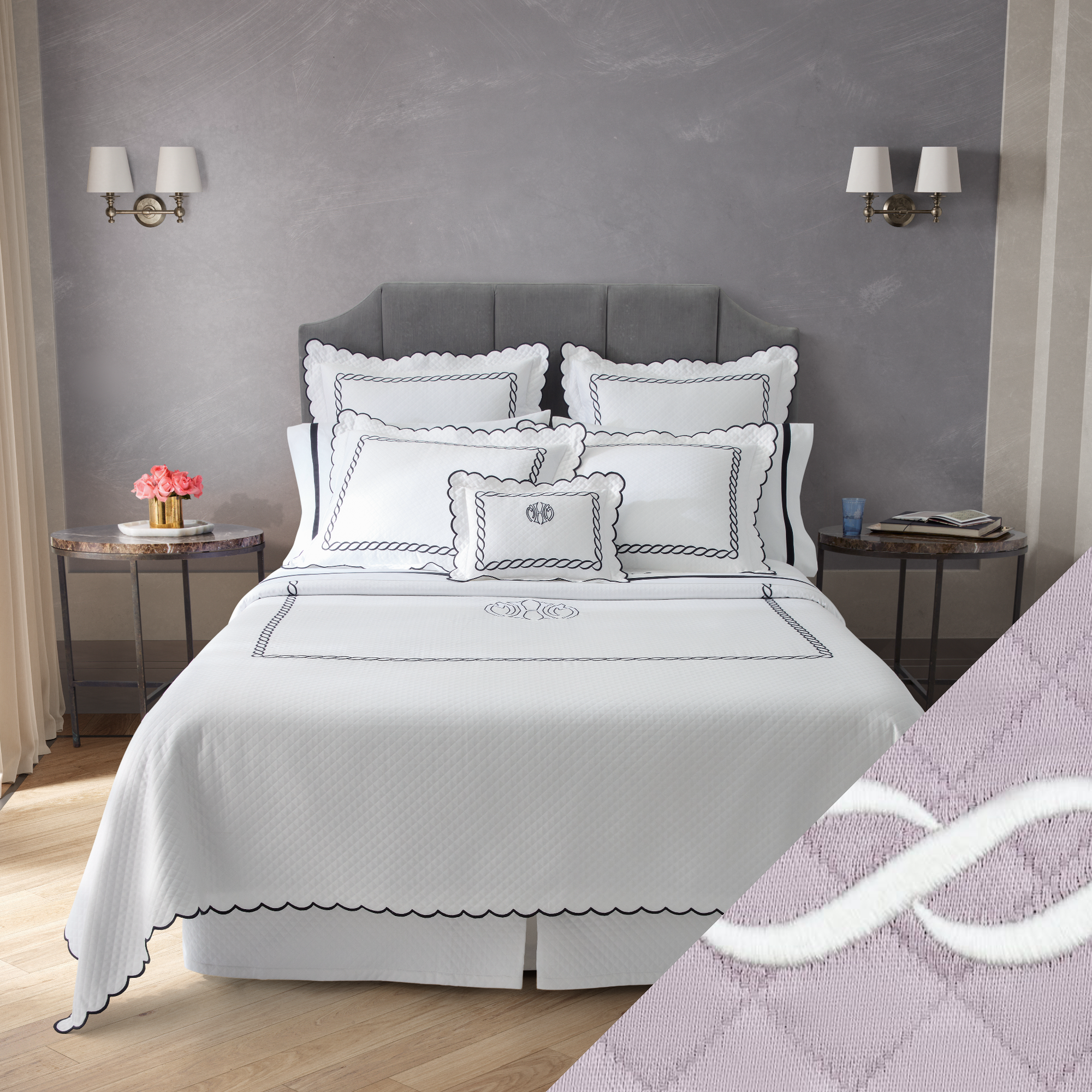 Full View of Matouk Classic Chain Scallop Matelassé Bedding Black/Bone with Deep Lilac/Bone Swatch