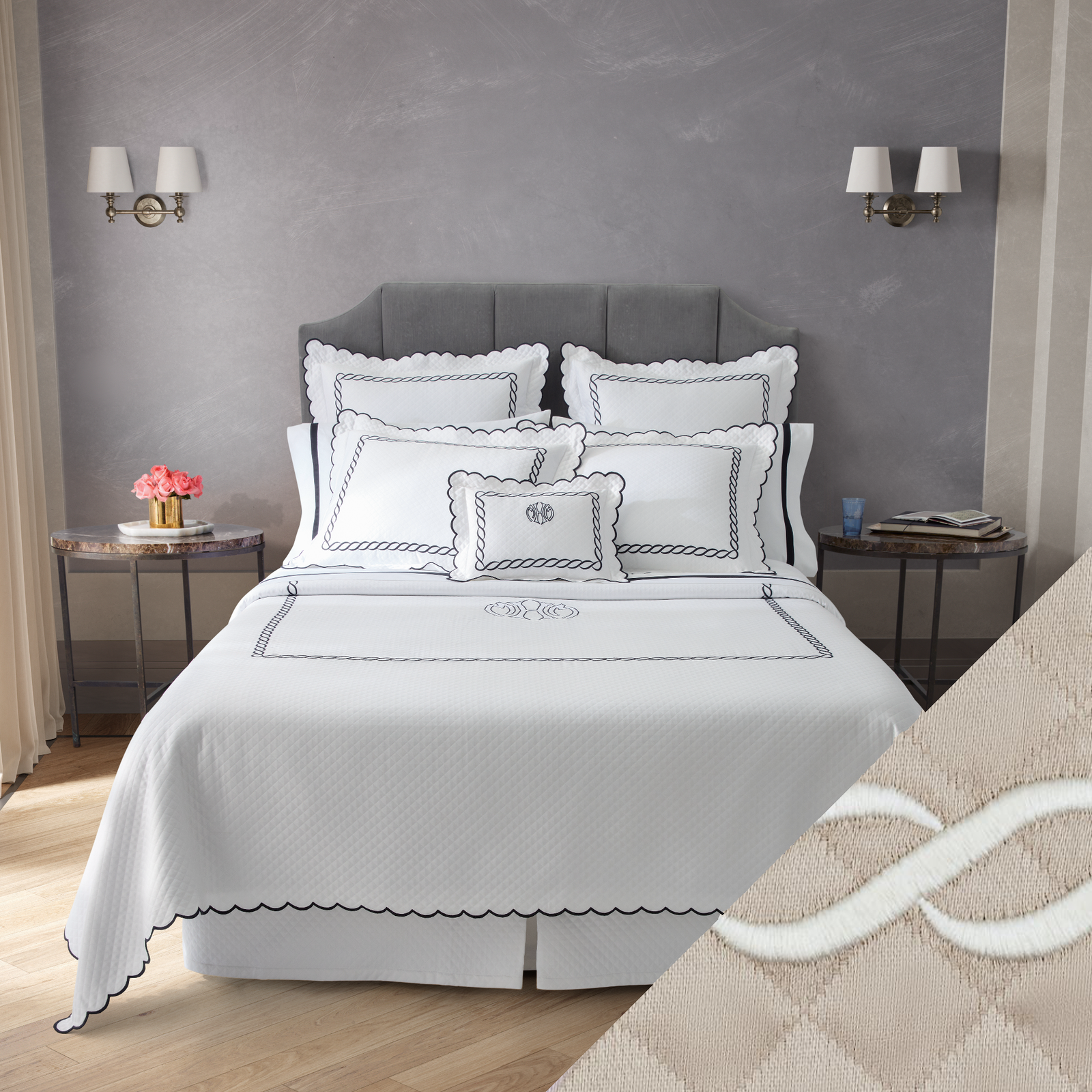 Full View of Matouk Classic Chain Scallop Matelassé Bedding Black/Bone with Dune/Bone Swatch