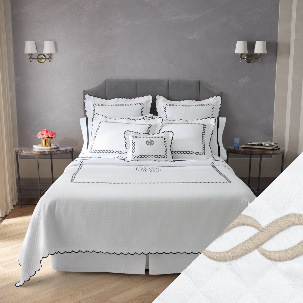 Full View of Matouk Classic Chain Scallop Matelassé Bedding Black/Bone with Dune Swatch