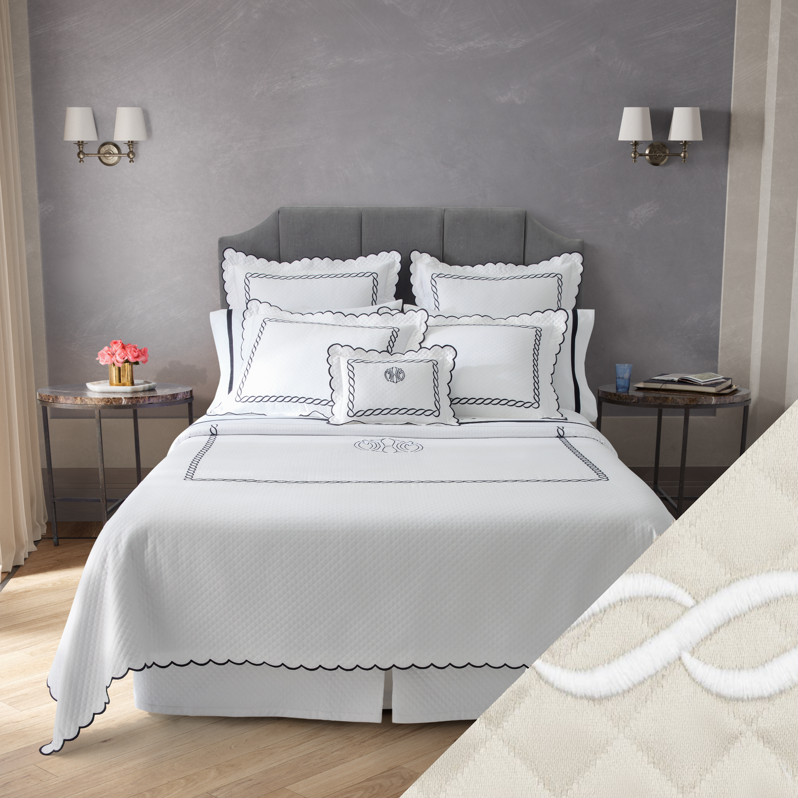 Full View of Matouk Classic Chain Scallop Matelassé Bedding Black/Bone with Ivory/White Swatch