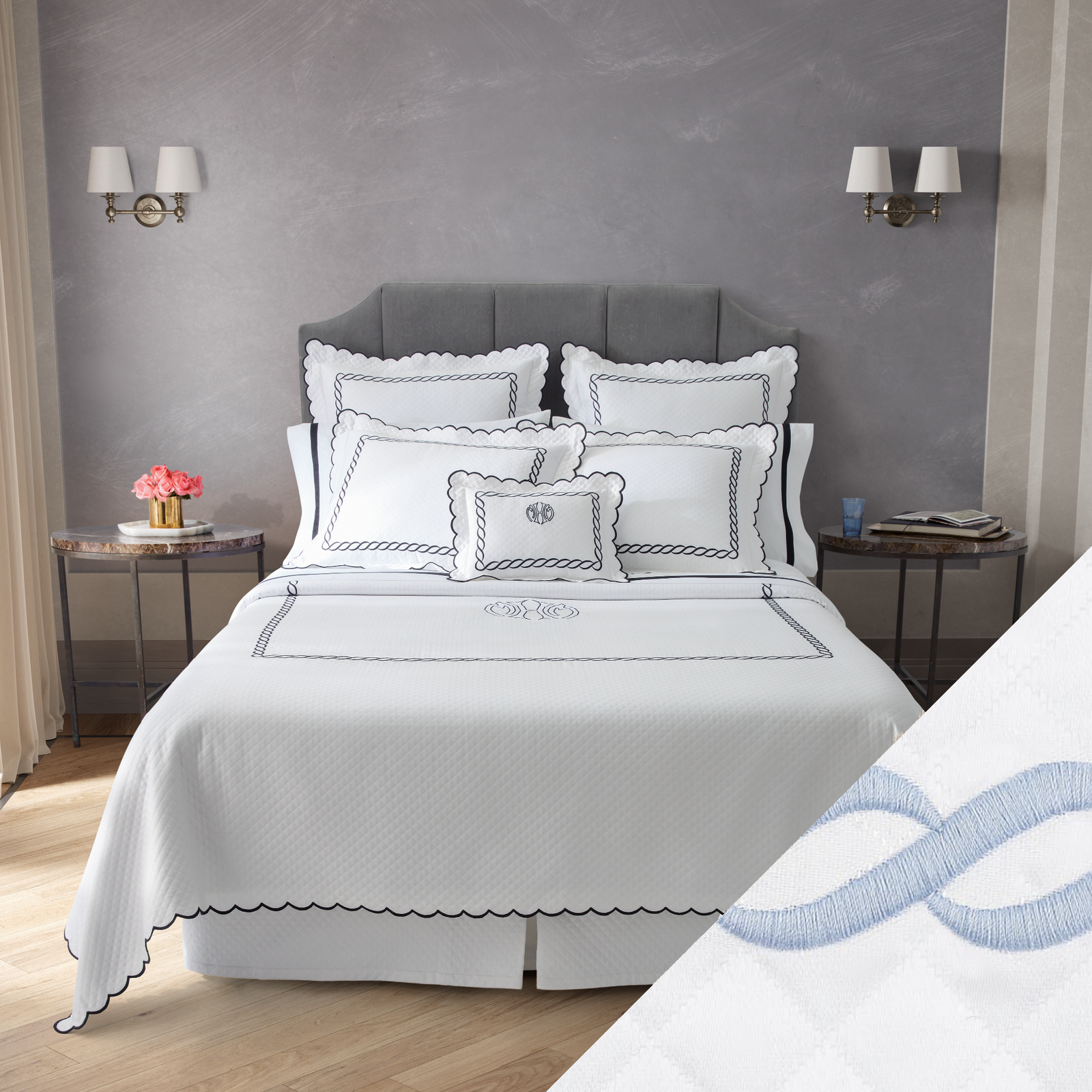 Full View of Matouk Classic Chain Scallop Matelassé Bedding Black/Bone with Light Blue Swatch