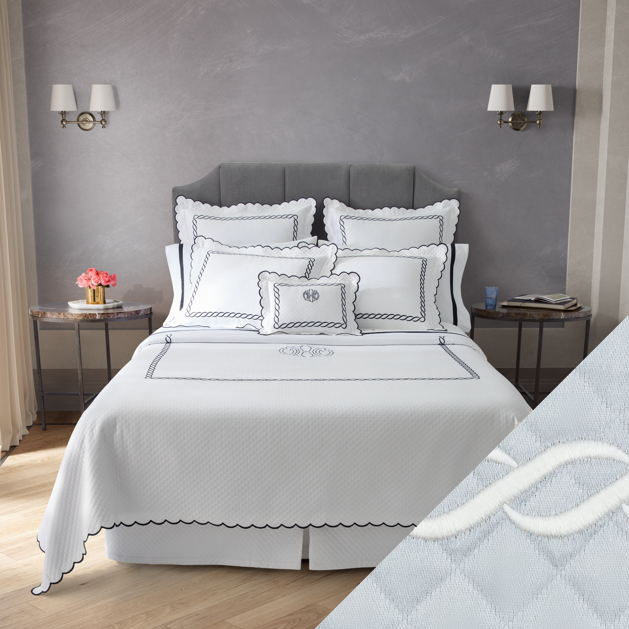 Full View of Matouk Classic Chain Scallop Matelassé Bedding Black/Bone with Pool/Bone Swatch