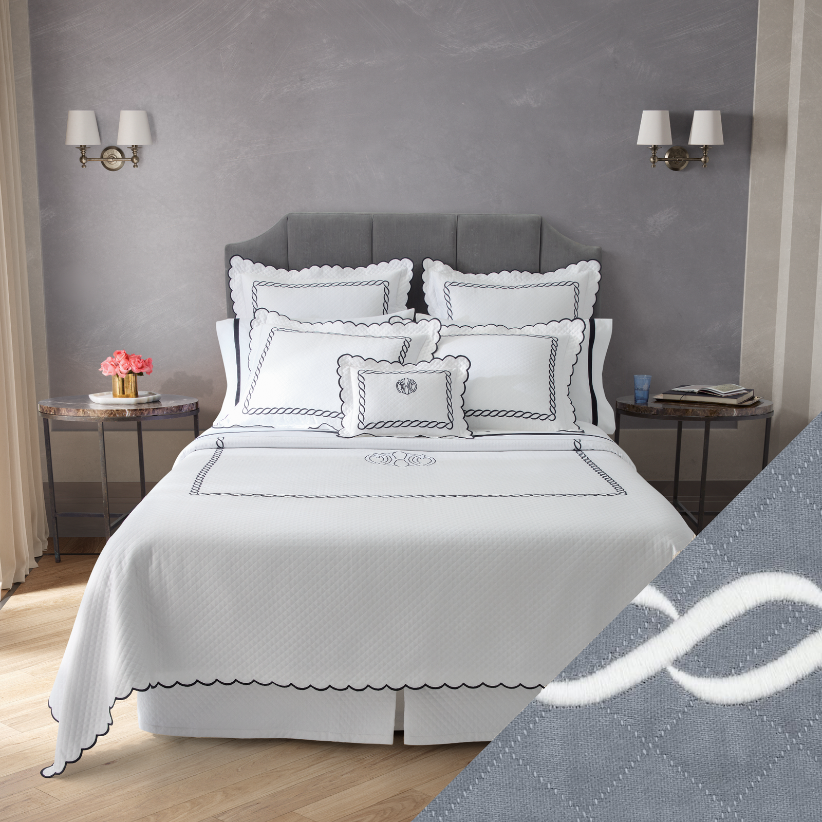 Full View of Matouk Classic Chain Scallop Matelassé Bedding Black/Bone with Blue/Bone Swatch