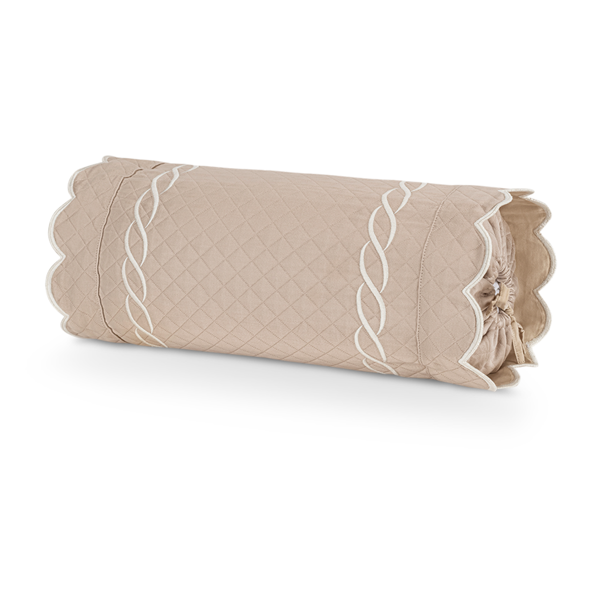 Silo of Matouk Classic Chain Scallop Matelassé Bedding Neckroll in Steel Dune/Bone Fine Linens