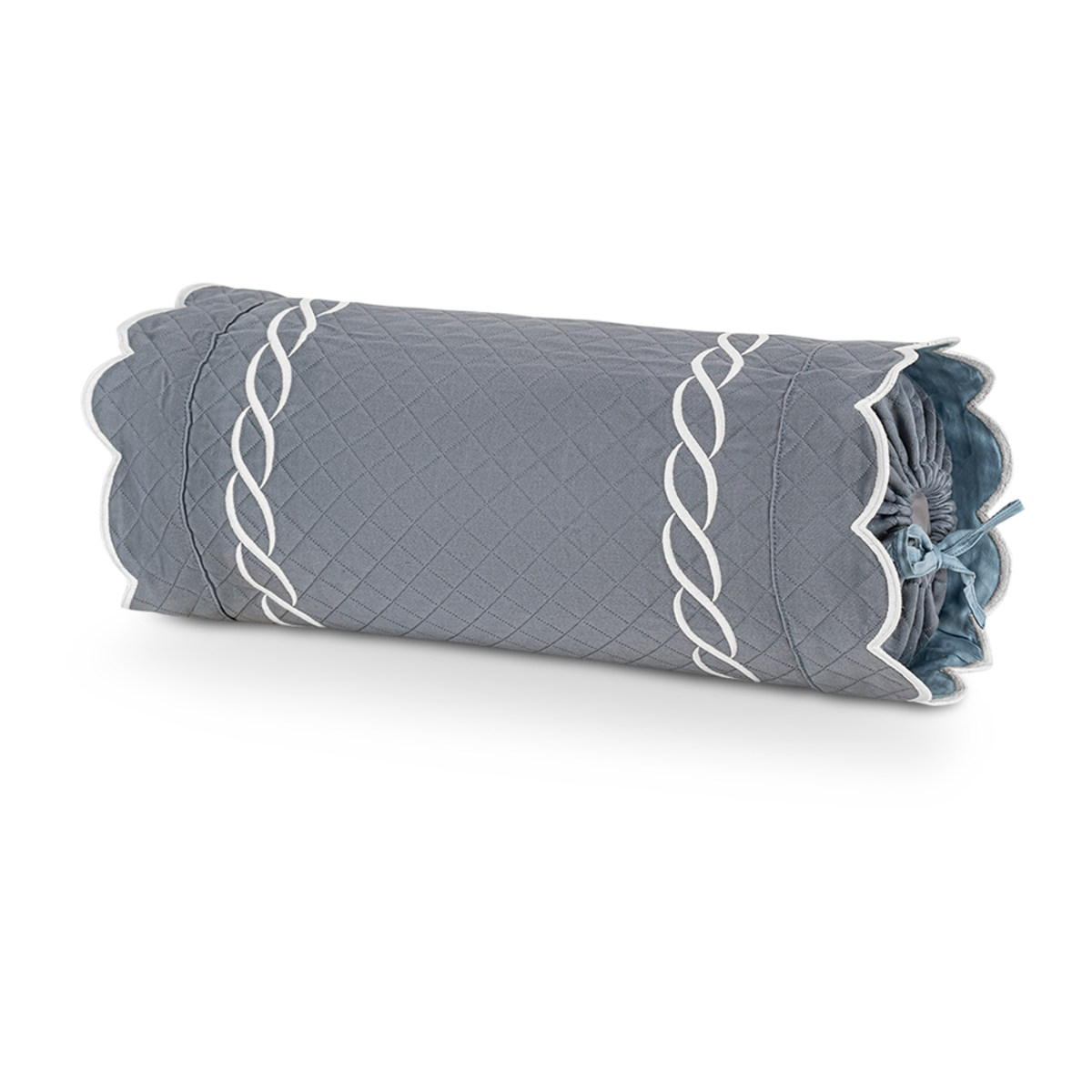 Silo of Matouk Classic Chain Scallop Matelassé Bedding Neckroll in Steel Blue/Bone Fine Linens