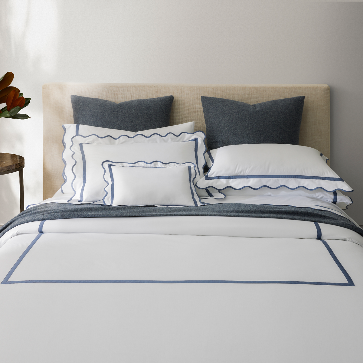 Front View of Full Bed in Matouk Cornelia Bedding in Steel Blue Color