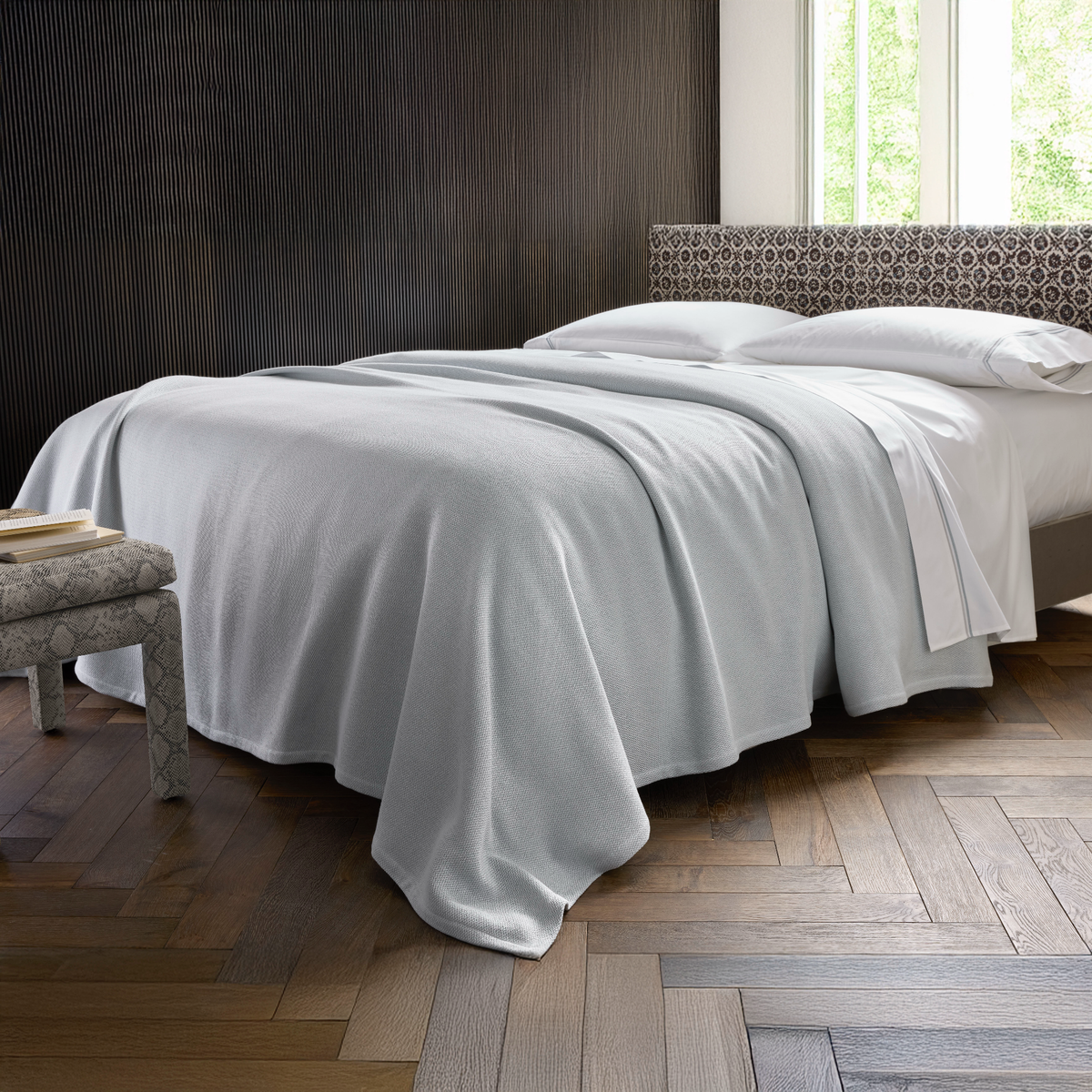 Matouk Costa Mesa Blanket with Essex Bedding both in Pool color