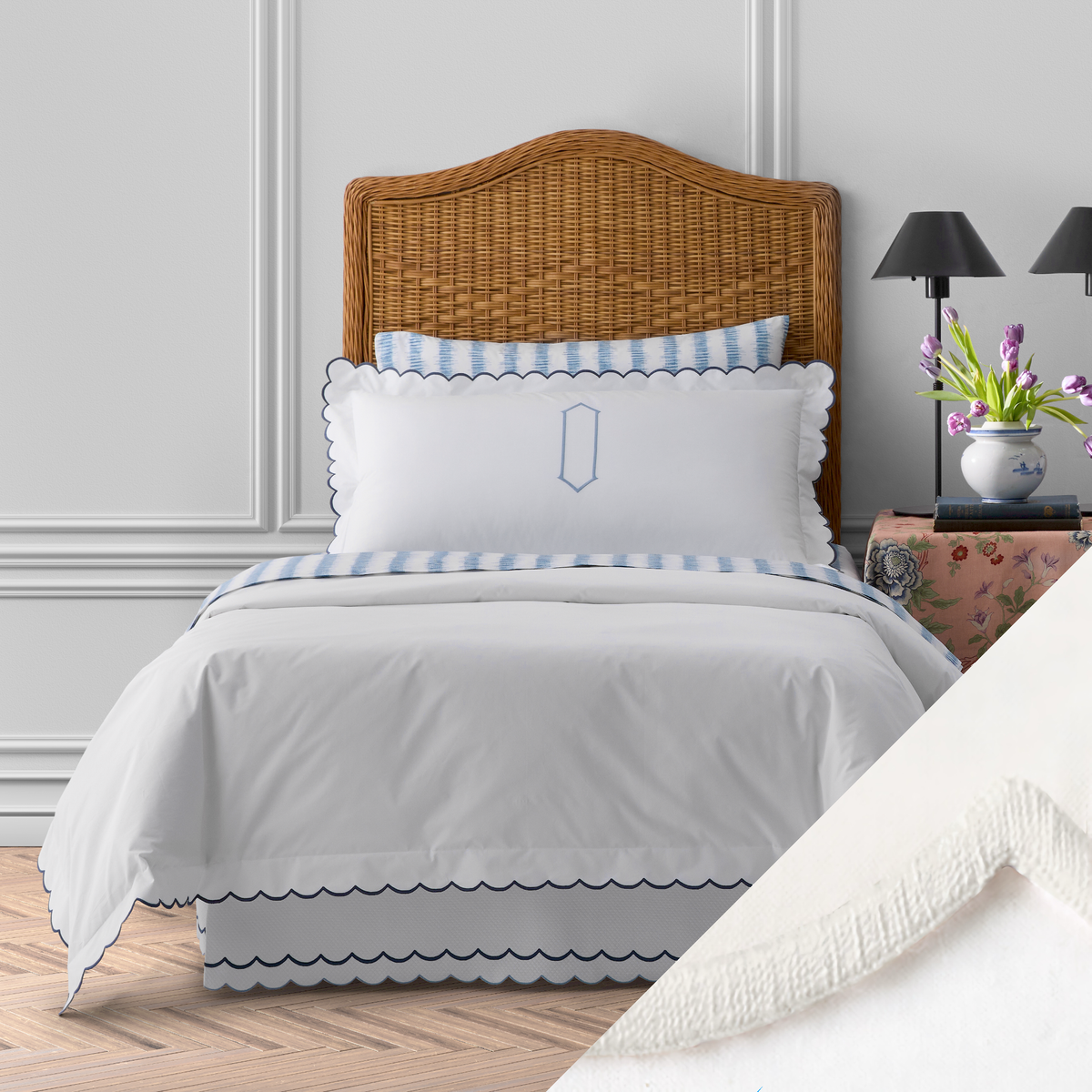 Bed in Matouk Dakota Bedding with Bone and Bone colored swatch