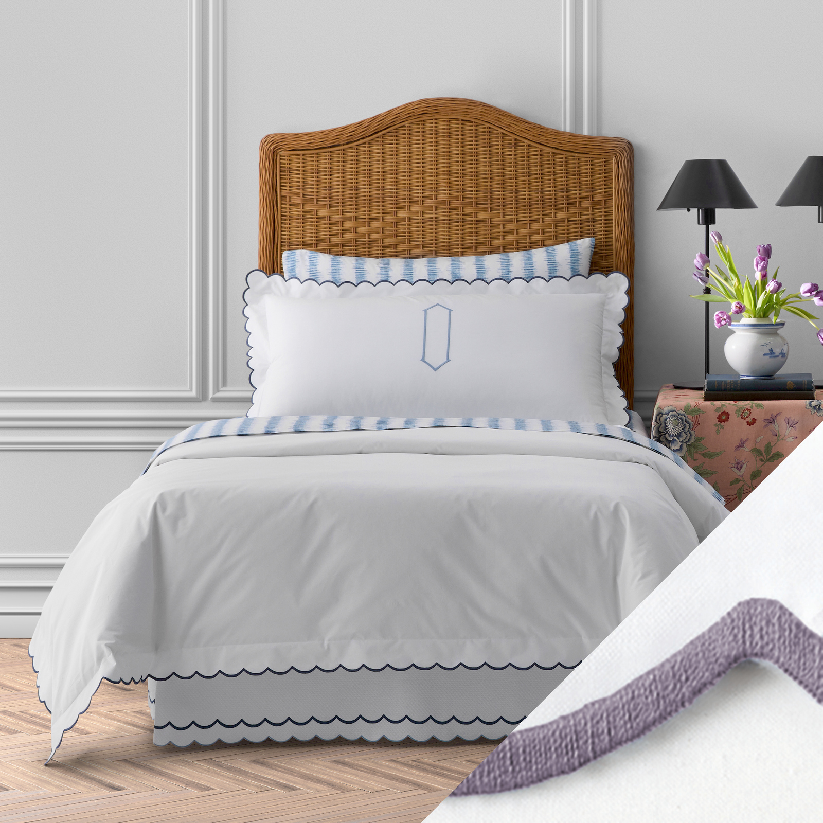 Full Bed Dressed in Matouk Dakota Bedding in Deep Lilac Color