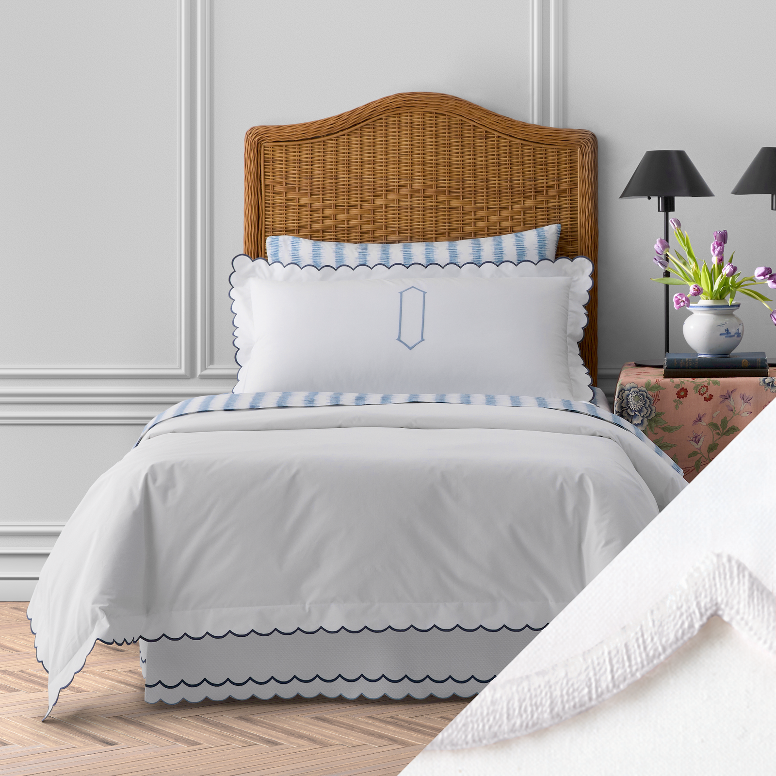 Full Bed Dressed in Matouk Dakota Bedding in White Color