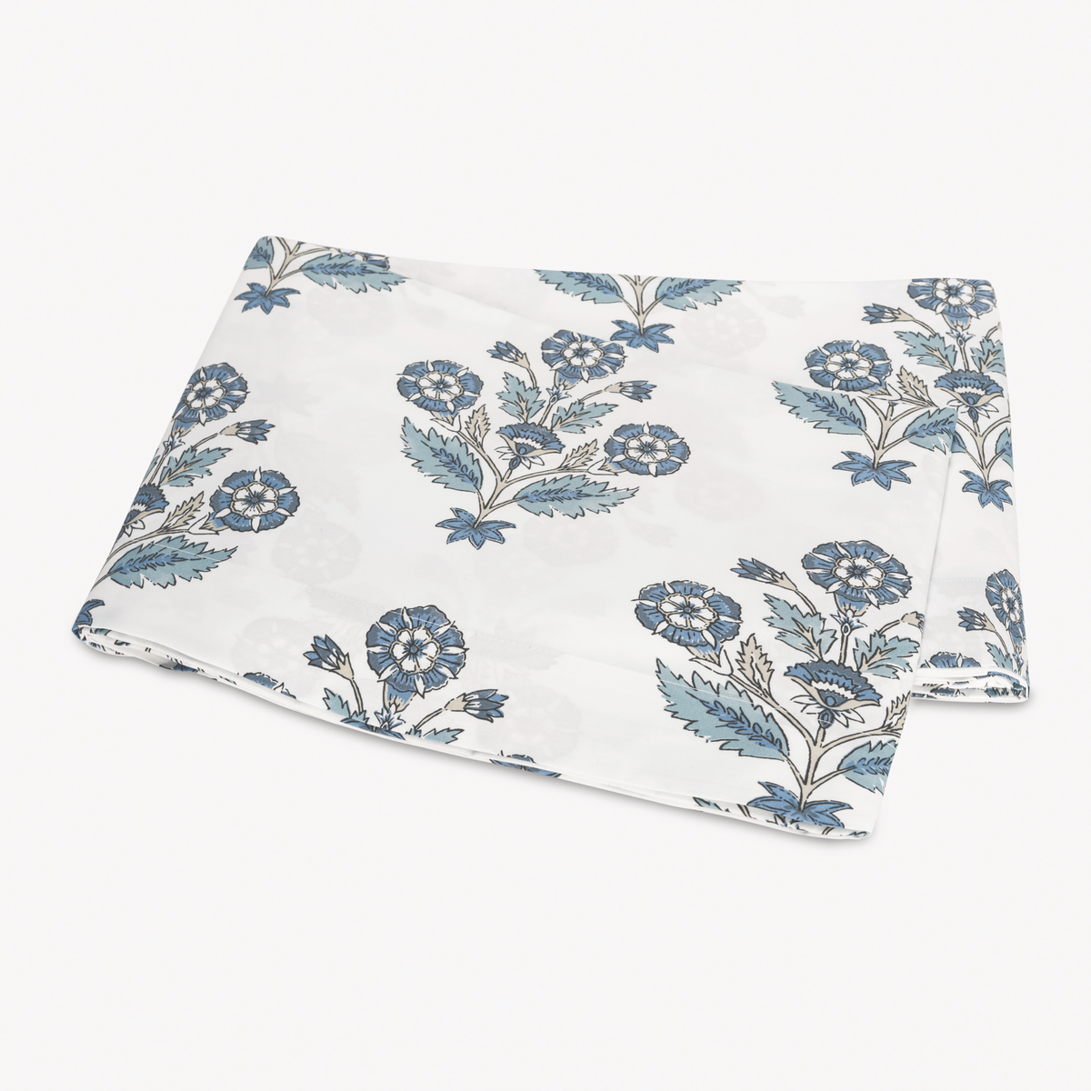 Folded Flat Sheet of Matouk Schumacher Dalila Bedding in Mineral Blue Style