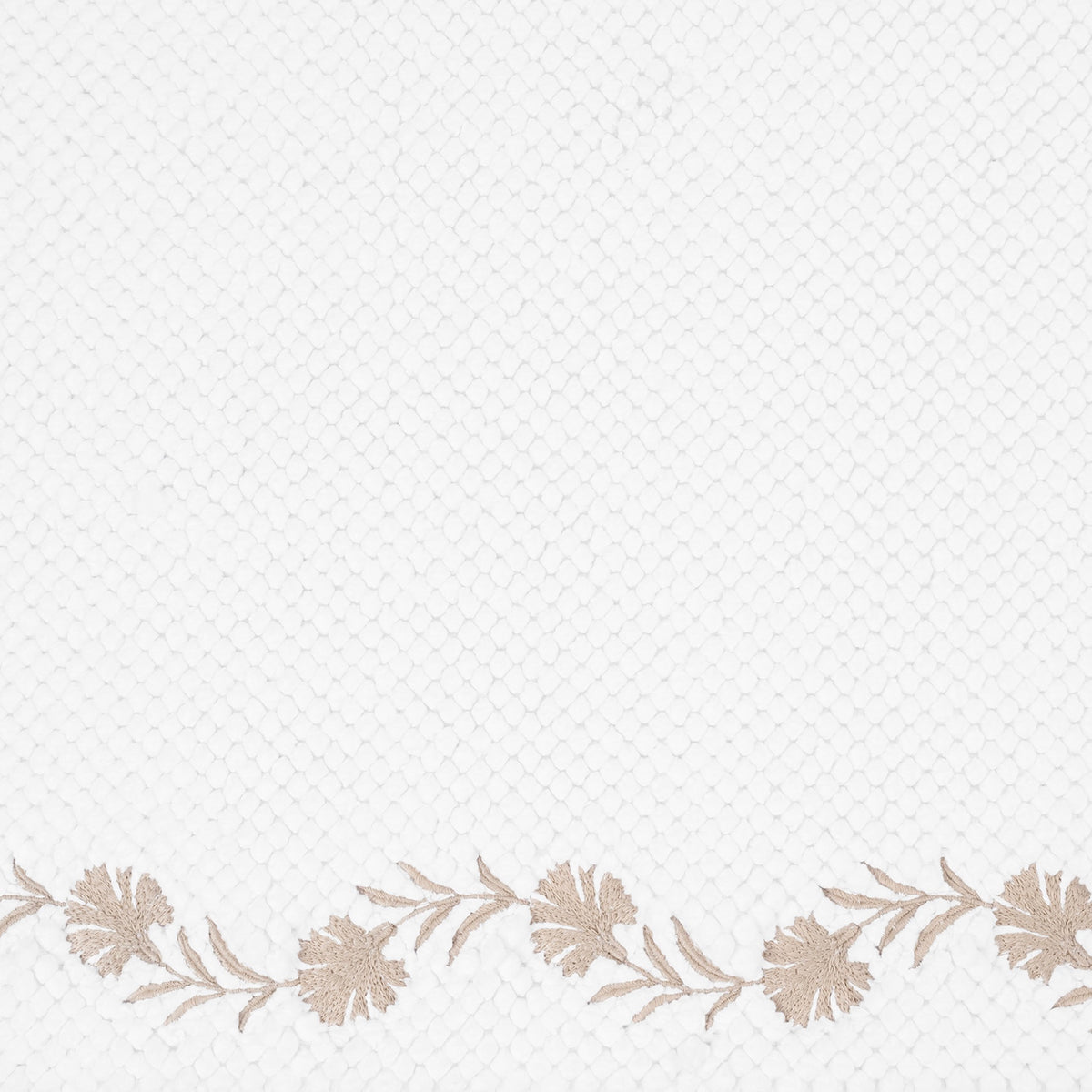 Closeup of Matouk Daphne Bath Rug with Dune Color Embroidery