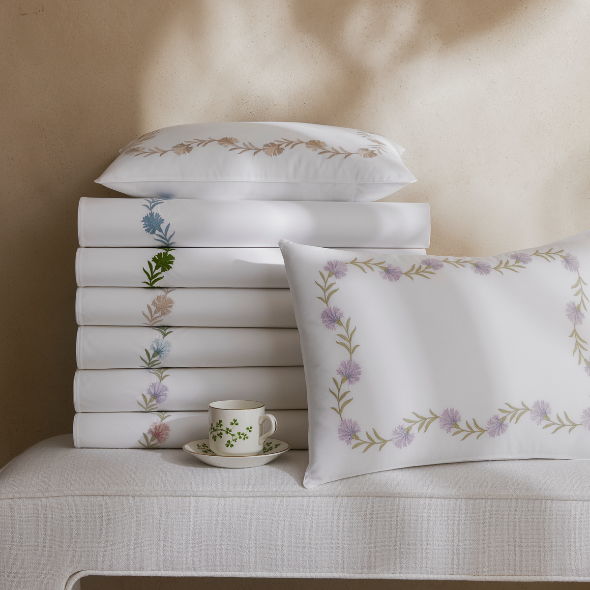 Stack of Matouk Daphne Bedding Collection in 2026 colors