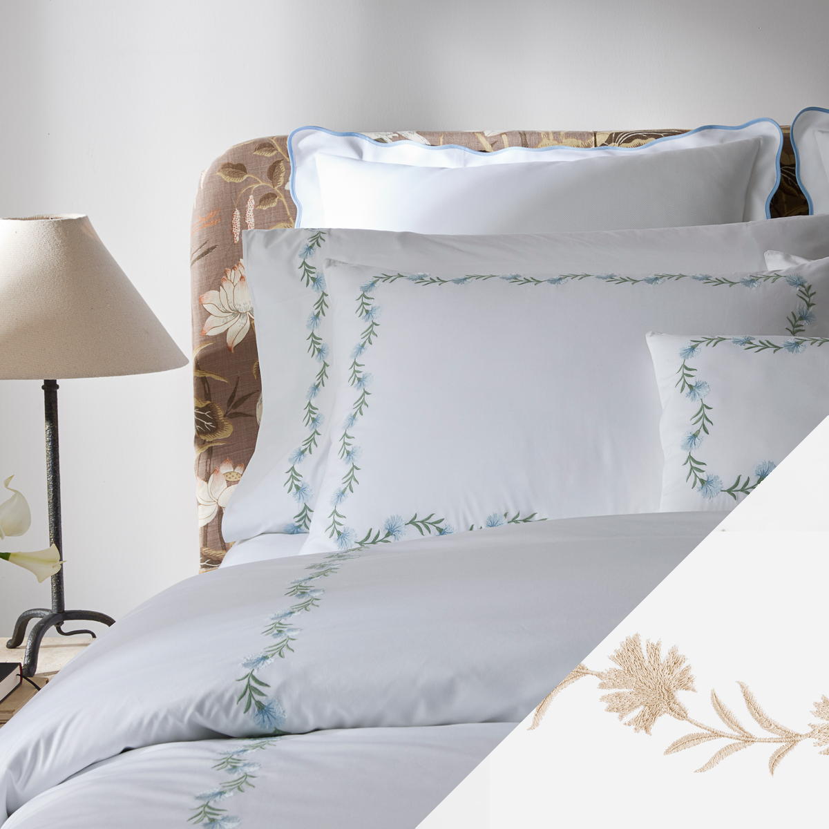 Closeup of bed in Matouk Daphne Bedding Collection with Dune swatch