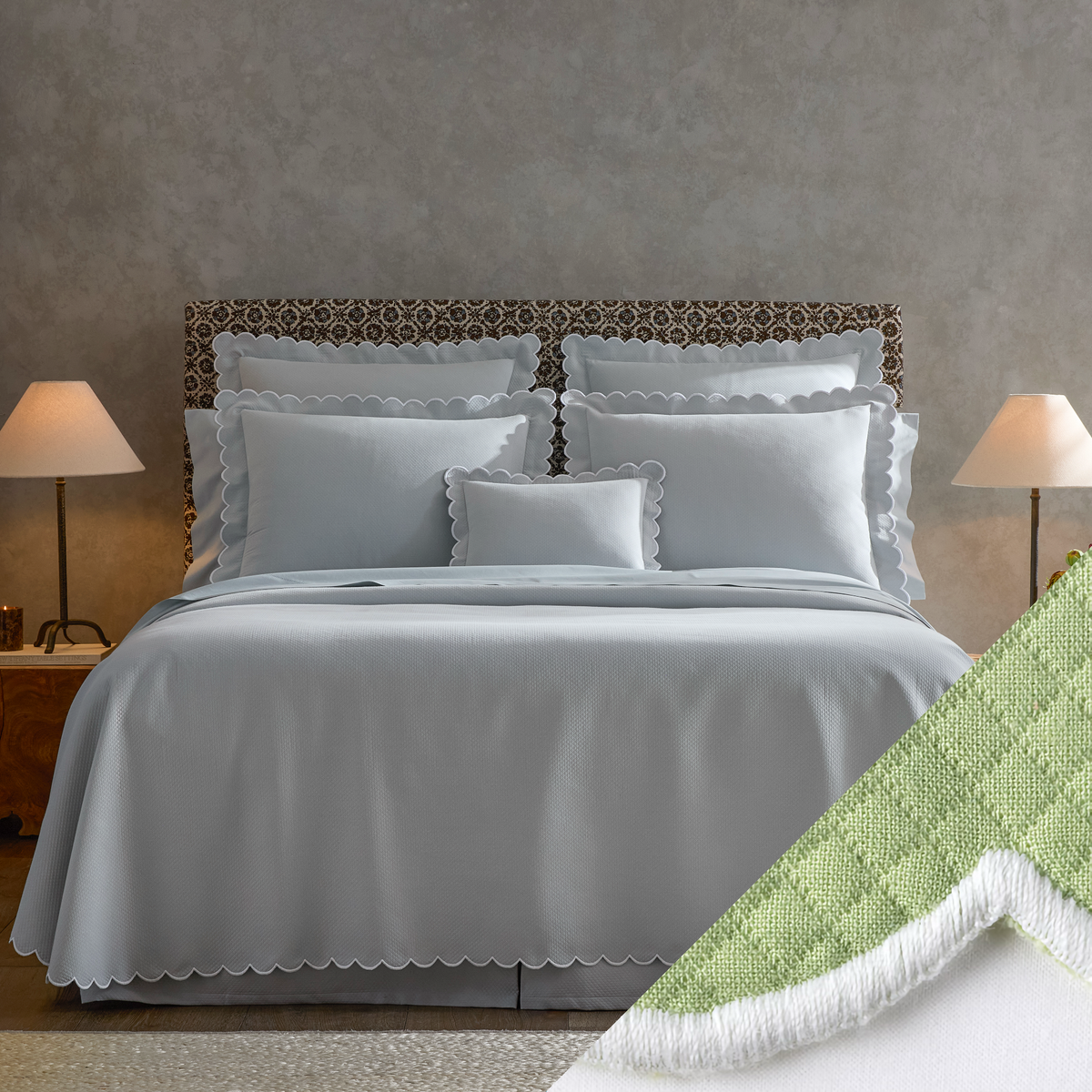  neatly made bed with Matouk Diamond Pique Bedding, two lamps on nightstands, and a close-up of Spring Green swatch