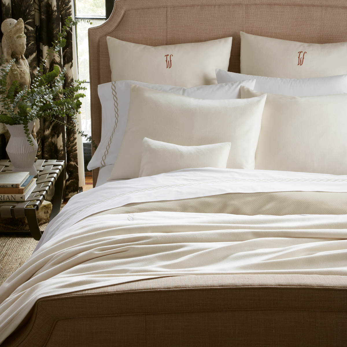 Corner Shot of Bed in Matouk Dream Modal Collection in Oyster Color